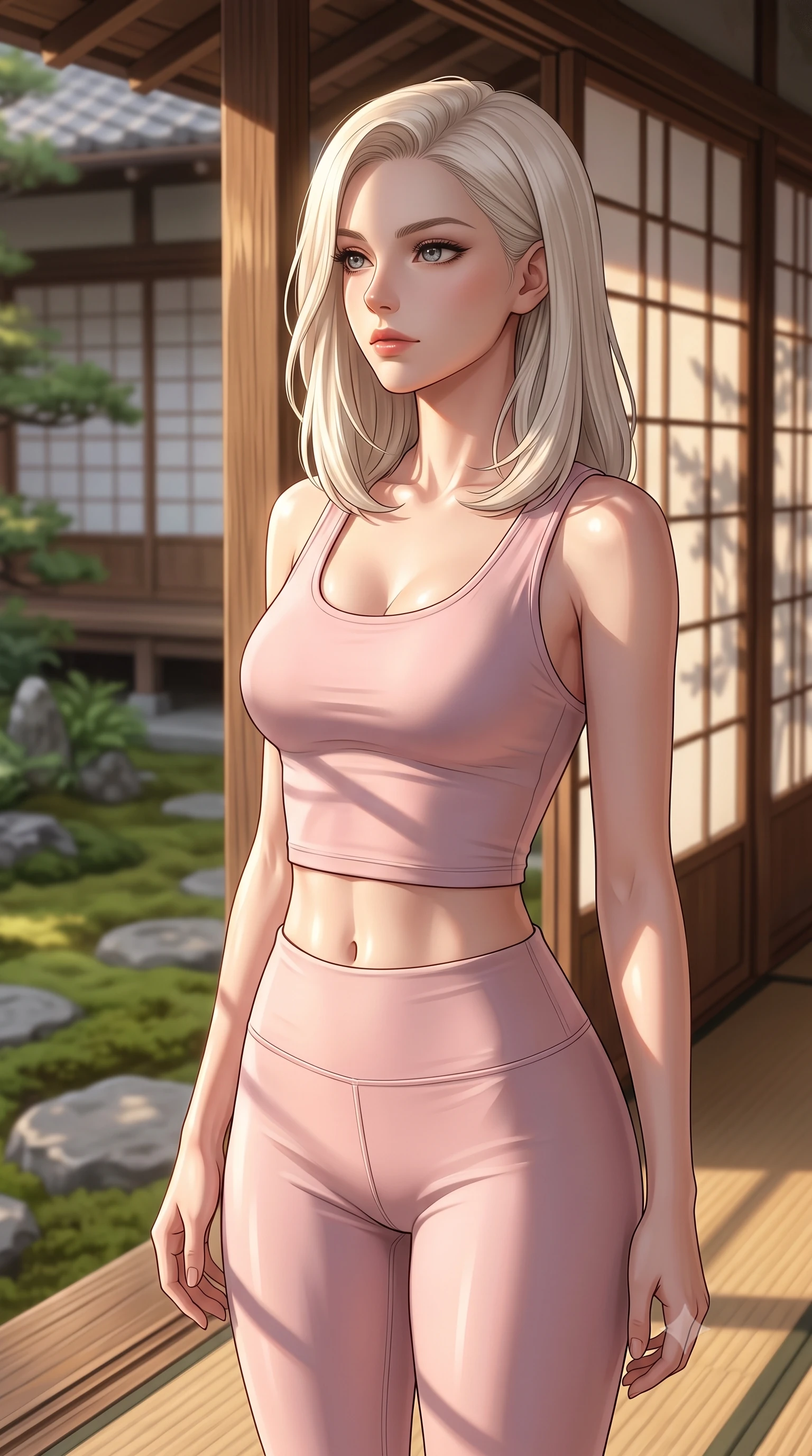 score_9, masterpiece, best quality, ultra-detailed, high-budget anime keyframe, editorial fashion photography, tasteful artistic composition, Caucasian woman woman. close-up cowboy shot from the waist and thighs up, the character dominates the composition, filling the frame with her large presence, background elements kept in soft focus. looking past the camera with a peaceful, thoughtful gaze, enjoying the warm sunlight the background shows a soft-focus a wooden veranda (engawa) of a traditional Japanese house facing a serene moss garden. She has an exceptionally elegant, slender, and willowy female figure with an ultra-slim waist, a gracefully sculpted slender torso, and a refined silhouette. sharp v-shaped jawline, high-bridge nose, intricate jewel-like eyes with depth, thick eyelashes, glossy lips with a natural sheen. wearing a form-contouring body-hugging light pink crop tank top paired with high-waisted tight-fitting leggings. soft late afternoon sunrays casting long wooden frame shadows on the paper screens. 2k, ultra detail, master piece, 9:16 ratio