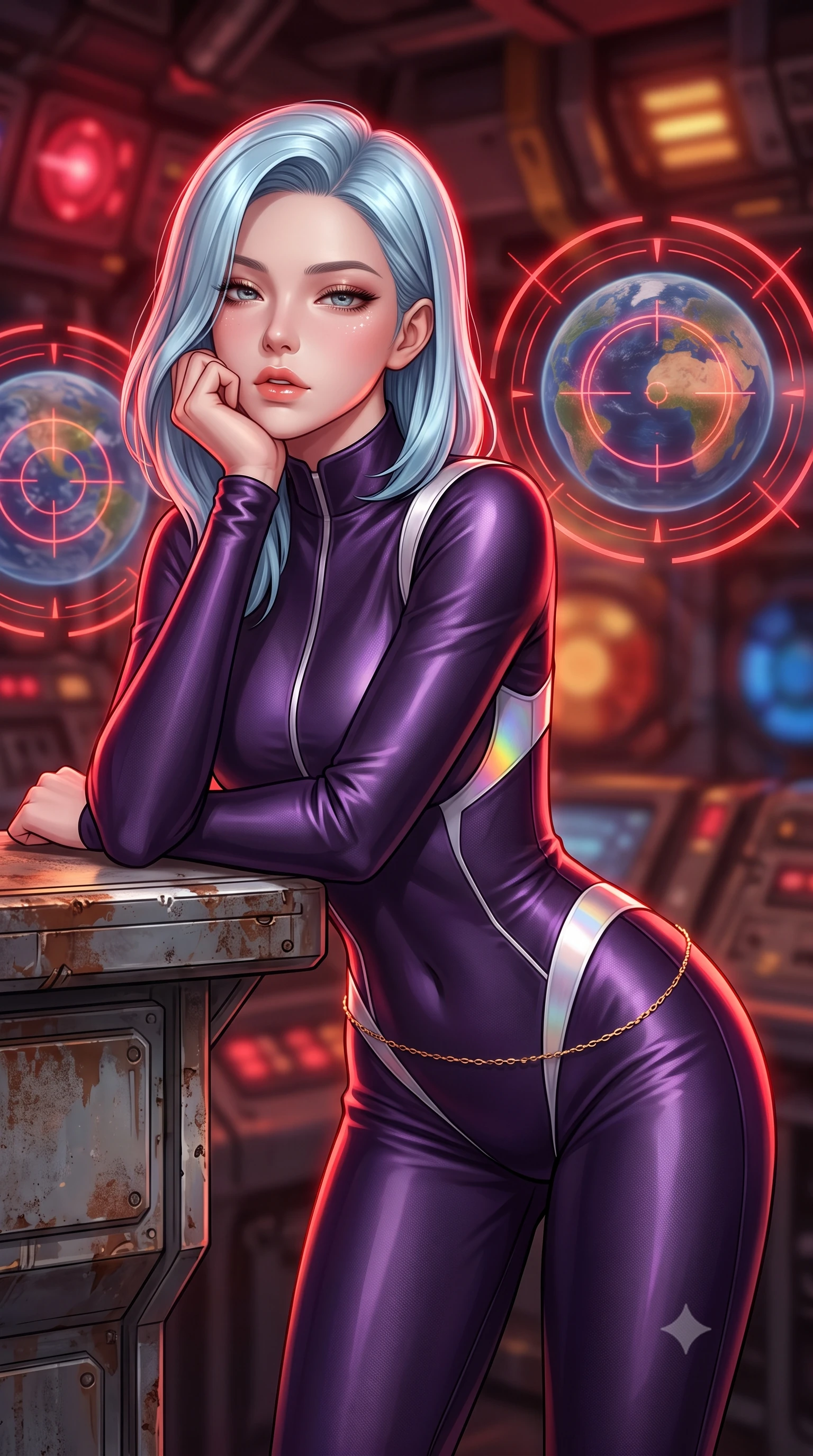 score_9, masterpiece, best quality, ultra-detailed, high-budget anime keyframe, semi-realistic 3D game render, editorial fashion photography, tasteful artistic composition, Korean woman. close-up cowboy shot from the waist and thighs up, the character dominates the composition, filling the frame with her large presence. resting one elbow on the table and supporting her chin, leaning close to the camera with heavy-lidded sparkling eyes and parted lips while leaning against the heavy gunnery console with hips cocked back, looking through glowing red holographic firing arcs with intoxicated smoldering bedroom-eyes. The background shows a soft-focus pulsing crimson battle stations strobes, circular targeting reticles over planetary continents, and massive hydraulic blast shutters blurred into crimson, amber, and cobalt bokeh. She has an exceptionally elegant, slender, and willowy female figure with an ultra-slim waist, flat toned midriff, narrow ribcage, and sculpted feminine hips creating an alluring, slim hourglass silhouette without bulk. sharp v-shaped jawline, high-bridge nose, intricate jewel-like sparkling eyes with depth, thick eyelashes, glossy parted lips with a natural peach sheen, bright cheerful beaming smile with an enchanting and coquettish sensual glint, exuding both youthful cute charm and seductive allure, flawlessly proportioned anatomical accuracy, strict slender model proportions, natural body alignment, perfectly sculpted long slender limbs, ultra-slim waistline, clean dynamic posture without body distortion. wearing a form-fitting orbital flight command jumpsuit in dark purple liquid satin with a high collar, contouring tightly to her narrow waist and feminine hips in solar-sail rainbow diffraction and titanium white, tailored from high-density tech-wool with subtle metallic thread weave, accented with a dainty gold belly chain resting across her flat midriff and curving hips, the glove-like clinging cut tightly following the natural contour of her hips and long slender legs with youthful 8.5-heads elegance. illuminated by gun deck reflection bounce and sharp ruby-red rim lights defining her jawline, narrow waist, and curvy hips. highly saturated vibrant anime colors, detailed shading with soft gradients, rich glossy textures, high-contrast stereoscopic depth, volumetric dynamic lighting, master piece, 9:16 ratio