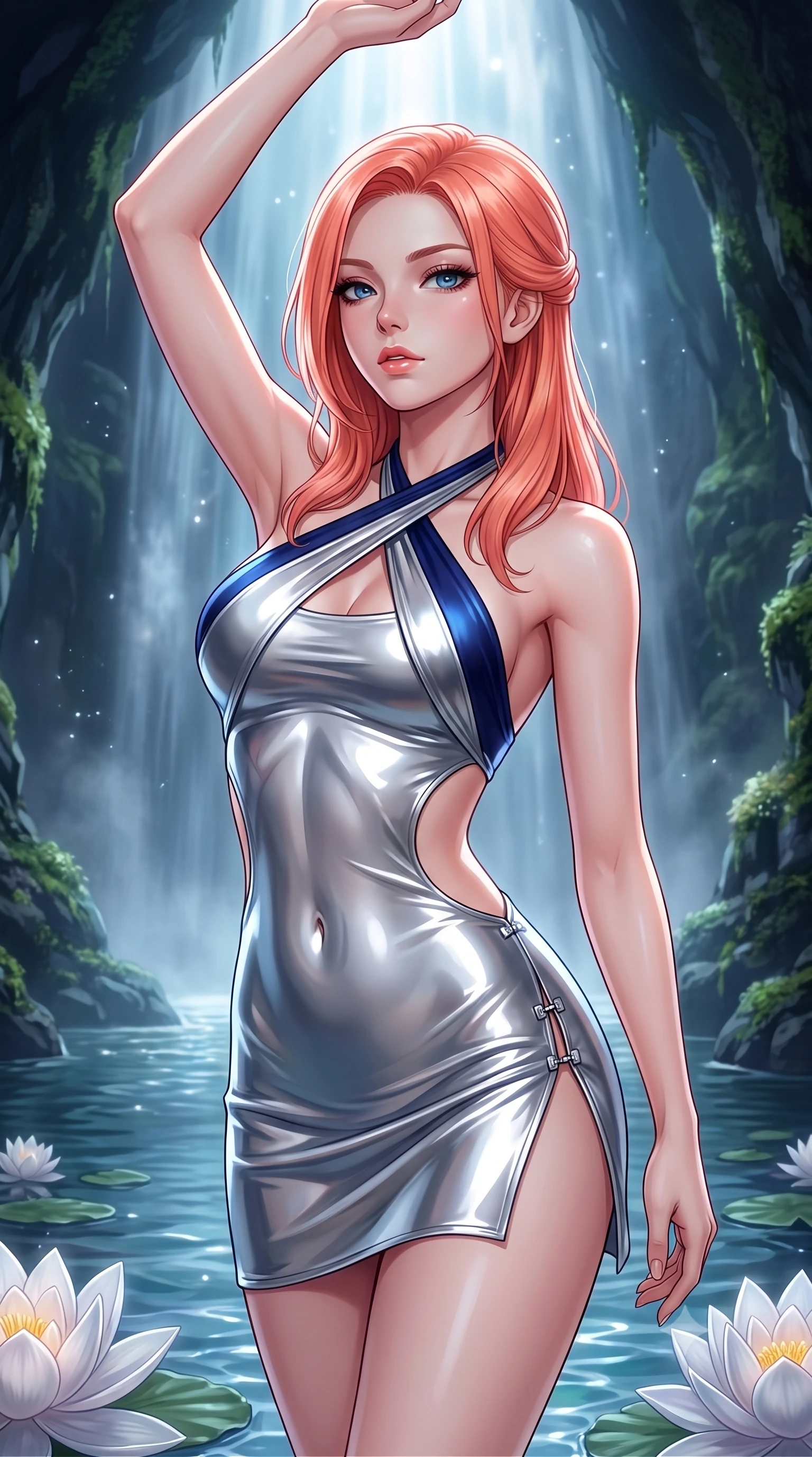 score_9, masterpiece, best quality, ultra-detailed, high-budget anime keyframe, semi-realistic 3D game render, editorial fashion photography, tasteful artistic composition, Japanese woman. close-up cowboy shot from the waist and thighs up, the character dominates the composition, filling the frame with her large presence. extending one arm gracefully toward the light while her torso arches in a sleek, alluring curve with magnetic intensity while arching her spine in a fluid motion as silver moonlight penetrates the mist of a sacred cavern waterfall. The surrounding environment is rendered in vivid detail and crisp panoramic clarity. intricate pearl lotus petal textures, crystal-clear water pool ripples, and mossy grotto walls in deep focus. She has an exceptionally elegant, slender, and willowy female figure with an ultra-slim waist, a gracefully sculpted slender torso, toned flat midriff, and a refined slim silhouette. sharp v-shaped jawline, high-bridge nose, intricate jewel-like eyes with depth, thick eyelashes, glossy lips with a natural sheen, flawlessly proportioned anatomical accuracy, strict slender model proportions, natural body alignment, perfectly sculpted long slender limbs, ultra-slim waistline, clean dynamic posture without body distortion. wearing a molten silver liquid-metal mini dress featuring deep side-waist cutouts and a daring crossover halter neckline in deep royal navy blue and specular chrome, crafted from ultra-reflective second-skin latex with a high-gloss glass-like polish, finished with an ultra-high side slit secured by miniature magnetic clasps, the form-contouring material adhering flawlessly to her sculpted flat midriff and slender torso, emphasizing her long leg lines and perfectly proportioned willowy build. surrounded by a sacred, pristine, and intensely seductive moon-sanctuary atmosphere. highly saturated vibrant anime colors, detailed shading with soft gradients, rich glossy textures, high-contrast stereoscopic depth, volumetric dynamic lighting, master piece, 9:16 ratio