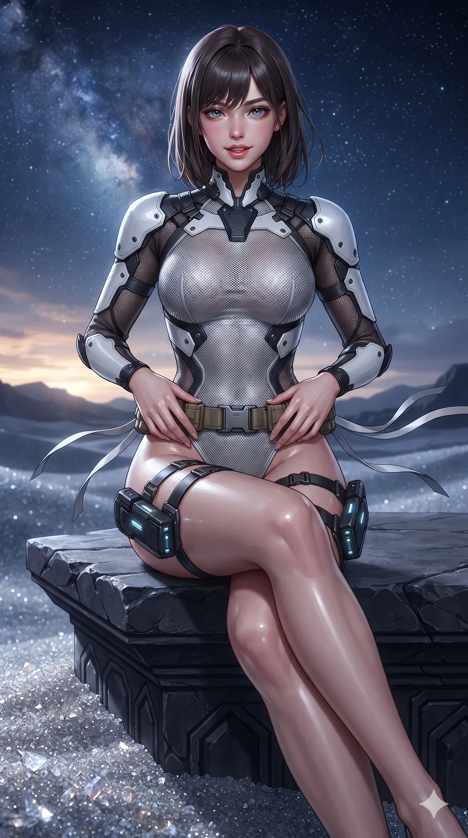score_9, masterpiece, best quality, ultra-detailed, high-budget anime keyframe, editorial fashion photography, tasteful artistic composition, Korean woman. close-up cowboy shot from the waist and thighs up, the character dominates the composition, filling the frame with her large presence. resting both hands lightly on her tactical utility belt, arching her spine to highlight her narrow waist, flat midriff, and breathtaking collarbones while sitting gracefully on the carved stone promontory ledge with legs crossed, flashing an enchanting smile with parted glossy lips as desert breeze rustles her ribbons. The surrounding environment is rendered in vivid detail and crisp panoramic clarity: sharp obsidian arch bevels, glittering crystalline sand crystals, and crisp distant star clusters in deep focus. She has an exceptionally elegant, slender, and willowy female figure with an ultra-slim waist, flat toned midriff, narrow ribcage, and sculpted feminine hips creating an alluring, slim hourglass silhouette without bulk. sharp v-shaped jawline, high-bridge nose, intricate jewel-like sparkling eyes with depth, thick eyelashes, glossy parted lips with a natural sheen, bright confident smile with an enchanting and coquettish sensual glint, exuding both youthful magnetic charm and sovereign high-tech allure, flawlessly proportioned anatomical accuracy, strict slender model proportions, natural body alignment, perfectly sculpted long slender limbs, ultra-slim waistline, clean dynamic posture without body distortion. wearing a form-contouring delicate silver nano-mesh bodysuit with strategically placed chrome armor plate guards covering key curves in dual-tone high-contrast monochrome black and stark white, crafted from sheer technical cyber-lace reinforced with ultra-thin Kevlar threads, complemented by sleek cybernetic thigh holsters with illuminated power cells, the precision-cut side openings and low-back scoop framing her graceful spine and the sensual sweep of her slim, toned hips. bathed in the crisp cool diamond starlight of an unpolluted alien night sky mixed with subtle warm golden sunset remnants at the horizon. ultra-reflective glossy finish, specular highlights, rich textural contrasts, high-contrast stereoscopic depth, volumetric dynamic lighting, 2k, ultra detail, master piece, 9:16 ratio