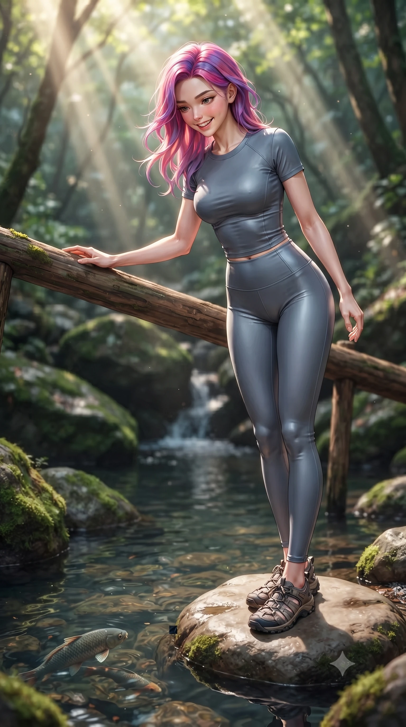 score_9, masterpiece, best quality, ultra-detailed, high-budget anime keyframe, editorial fashion photography, tasteful artistic composition, Caucasian woman. low angle full-body shot from head to toe showing her feet, filling the entire 9:16 vertical frame with her statuesque presence, stretching her vertical silhouette. stepping forward with a bright, cheerful smile, waving happily at the viewer set against a soft-focus background of on a smooth stone next to a quiet forest creek pool surrounded by mossy rocks resting her hand on the wooden bridge railing, looking down at the fish. She has an absolutely perfect, statuesque 8.5-heads proportion, an exceptionally tall and slender model-like female figure with impossibly long slender legs and an ultra-slim waist. sharp v-shaped jawline, high-bridge nose, intricate jewel-like eyes with depth, thick eyelashes, glossy lips with a natural sheen. wearing body-hugging form-fitting activewear top in slate grey, outlining her slender torso. volumetric sunbeams creating beautiful light shafts through the tree branches. ultra-reflective glossy finish, specular highlights, metallic sheen, high-contrast stereoscopic depth, volumetric dynamic lighting, 2k, ultra detail, master piece, 9:16 ratio
