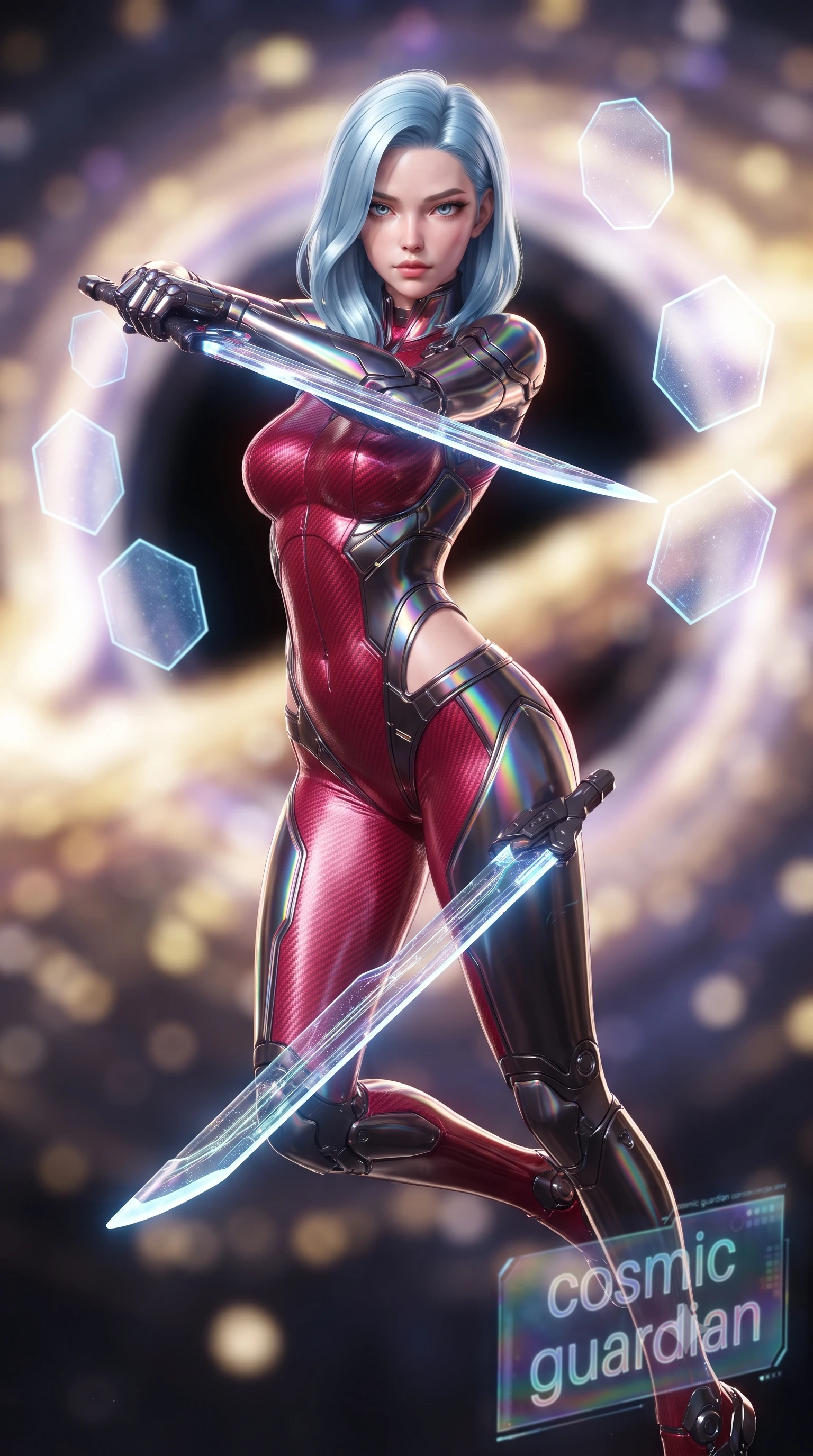 score_9, masterpiece, best quality, ultra-detailed, high-budget anime keyframe, editorial fashion photography, tasteful artistic composition, Korean woman. close-up cowboy shot from the waist and thighs up, the character dominates the composition, filling the frame with her large presence. twisting her upper body in a dynamic S-curve combat stance, one hand steadying her weapon with commanding supermodel allure while floating weightlessly before a swirling artificial singularity core as six floating hexagonal energy shields form a protective matrix. The composition keeps background elements in soft focus with creamy bokeh. swirling black hole singularity core and glowing accretion disk blurred into dazzling gold, violet, and pitch-black bokeh. She has an exceptionally elegant, slender, and willowy female figure with an ultra-slim waist, a gracefully sculpted slender torso, toned flat midriff, and a refined slim silhouette. sharp v-shaped jawline, high-bridge nose, intricate jewel-like eyes with depth, thick eyelashes, glossy lips with a natural sheen, flawlessly proportioned anatomical accuracy, strict slender model proportions, natural body alignment, perfectly sculpted long slender limbs, ultra-slim waistline, clean dynamic posture without body distortion. wearing a skin-tight crimson carbon-weave combat leotard with metallic dark chrome plating and hip-accentuating cutouts, holding twin glowing high-frequency vibro-blades with effortless supermodel poise in high-gloss iridescent rainbow carbon with prism holographic sheen, crafted from semi-translucent cybernetic carbon-vinyl interwoven with glowing micro-filaments, finished with high-mobility articulation joints and miniature magnetic armor locks, the glove-like aerodynamic second-skin fit tightly clinging to her ultra-slender waist and athletic curves without adding bulk, accentuating her razor-sharp statuesque lines and slim hourglass silhouette. surrounded by an awe-inspiring, supreme, and radiantly transcendent cosmic guardian goddess aura. ultra-reflective glossy finish, specular highlights, dark metallic sheen, high-contrast stereoscopic depth, volumetric dynamic lighting, 2k, ultra detail, master piece, 9:16 ratio