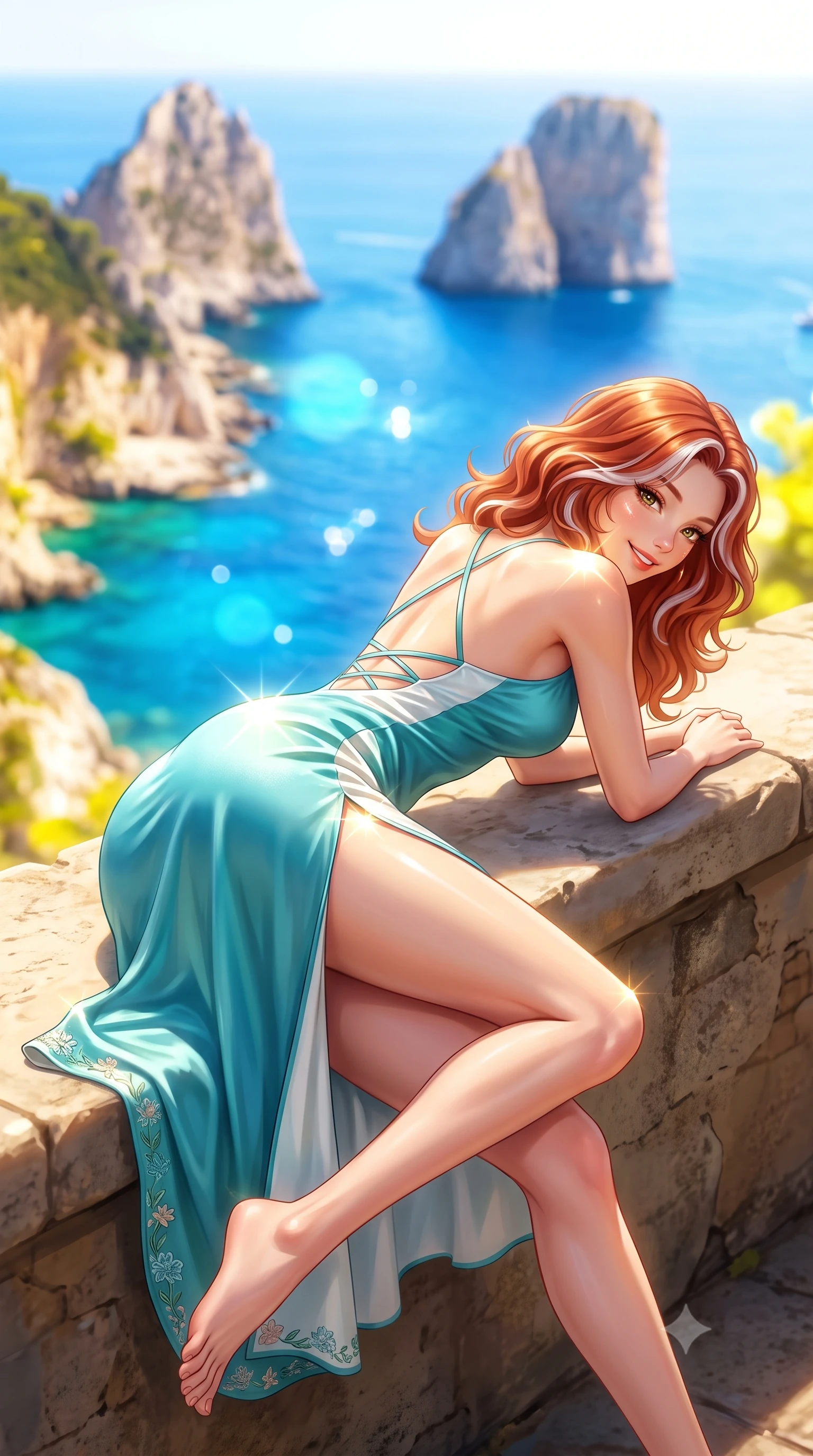 score_9, masterpiece, best quality, ultra-detailed, high-budget anime keyframe, semi-realistic 3D game render, editorial fashion photography, tasteful artistic composition, Caucasian woman. low angle full-body shot from head to toe showing her feet, filling the entire 9:16 vertical frame with her statuesque presence, stretching her vertical silhouette. reclining languidly on her side across the sunbed with one knee drawn up, her radiant smile and arched hip curve commanding the 9:16 vertical frame with youthful sensual charisma while perching on the ancient stone terrace wall with legs crossed, looking over a bare shoulder with a sun-kissed, teasing cute smile over the Faraglioni. The composition keeps background elements in soft focus with dreamy creamy bokeh. sun-drenched cobalt Mediterranean sea and dramatic Capri limestone cliffs blurred into radiant sapphire, turquoise, and lemon-yellow bokeh. She has an exceptionally tall and slender model-like 8.5-heads proportion, an ultra-slim waist, a flat toned midriff, narrow delicate ribcage, and beautifully sculpted feminine hips creating a graceful, slim hourglass silhouette without any bulky heaviness, with impossibly long slender legs. sharp v-shaped jawline, high-bridge nose, intricate jewel-like sparkling eyes with depth, thick eyelashes, glossy parted lips with a natural peach sheen, bright cheerful beaming smile with an enchanting and coquettish sensual glint, exuding both youthful cute charm and seductive allure, flawlessly proportioned anatomical accuracy, strict slender model proportions, natural body alignment, perfectly sculpted long slender limbs, ultra-slim waistline, clean dynamic posture without body distortion. wearing a breezy silk-satin slip dress featuring a thigh-high side slit ascending to the high hip and criss-cross back straps in ocean turquoise and sea-salt white, crafted from soft breathable linen with effortless natural drape, complemented by delicate embroidered floral trim along the hem, the liquid-tight tailored fabric clinging flawlessly to her narrow waist and rounded feminine hips, emphasizing every millimeter of her sculpted slim hourglass curves without any bulky heaviness. illuminated by intense specular sea surface glints defining her sculpted collarbones, narrow waist, and curvy hips. highly saturated vibrant anime colors, detailed shading with soft gradients, rich glossy textures, high-contrast stereoscopic depth, volumetric dynamic lighting, master piece, 9:16 ratio