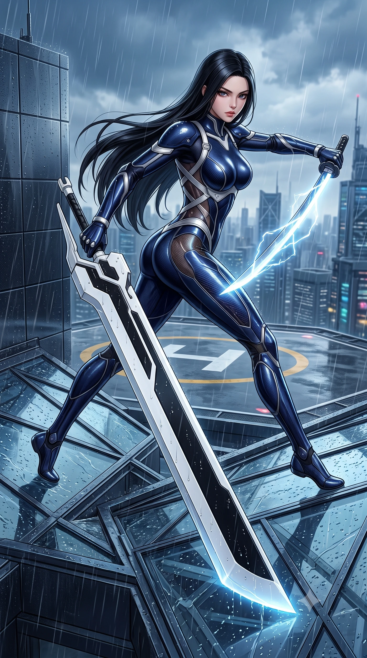 score_9, masterpiece, best quality, ultra-detailed, high-budget anime keyframe, semi-realistic 3D game render, editorial fashion photography, tasteful artistic composition, Korean woman. low angle full-body shot from head to toe showing her feet, filling the entire 9:16 vertical frame with her statuesque presence, stretching her vertical silhouette. striding forward with commanding supermodel grace, weapon held at the ready, her 8.5-heads statuesque silhouette dominating the vertical frame from head to toe while leaping gracefully across a rooftop glass skylight with plasma katana extended, creating a brilliant arc of electric light. The surrounding environment is rendered in vivid detail and crisp panoramic clarity. sharp raindrop beads on polished carbon armor, razor-sharp glowing plasma blade edge, and wet helipad surface in deep focus. She has an absolutely perfect, statuesque 8.5-heads proportion, an exceptionally tall and slender model-like female figure with impossibly long slender legs, a toned flat midriff, and an ultra-slim waist. sharp v-shaped jawline, high-bridge nose, intricate jewel-like eyes with depth, thick eyelashes, glossy lips with a natural sheen, flawlessly proportioned anatomical accuracy, strict slender model proportions, natural body alignment, perfectly sculpted long slender limbs, ultra-slim waistline, clean dynamic posture without body distortion. wearing a statuesque midnight cobalt carbon-fiber armor-suit with platinum trim and an ultra-slim waistline, resting a massive sleek high-frequency anti-material greatsword across her shoulder in monochrome white enamel carbon with high-contrast black panels, crafted from semi-translucent cybernetic carbon-vinyl interwoven with glowing micro-filaments, complemented by criss-cross back harness straps highlighting her completely bare spine, the sleek second-skin cut tightly hugging her graceful clavicle, narrow waist, and feminine curves with athletic precision. illuminated by crisp white key lighting with sharp specular highlights tracing her sculpted carbon armor curves. rich saturated anime colors with glowing neon highlights, detailed shading with soft gradients, rich glossy textures, high-contrast stereoscopic depth, volumetric dynamic lighting, master piece, 9:16 ratio