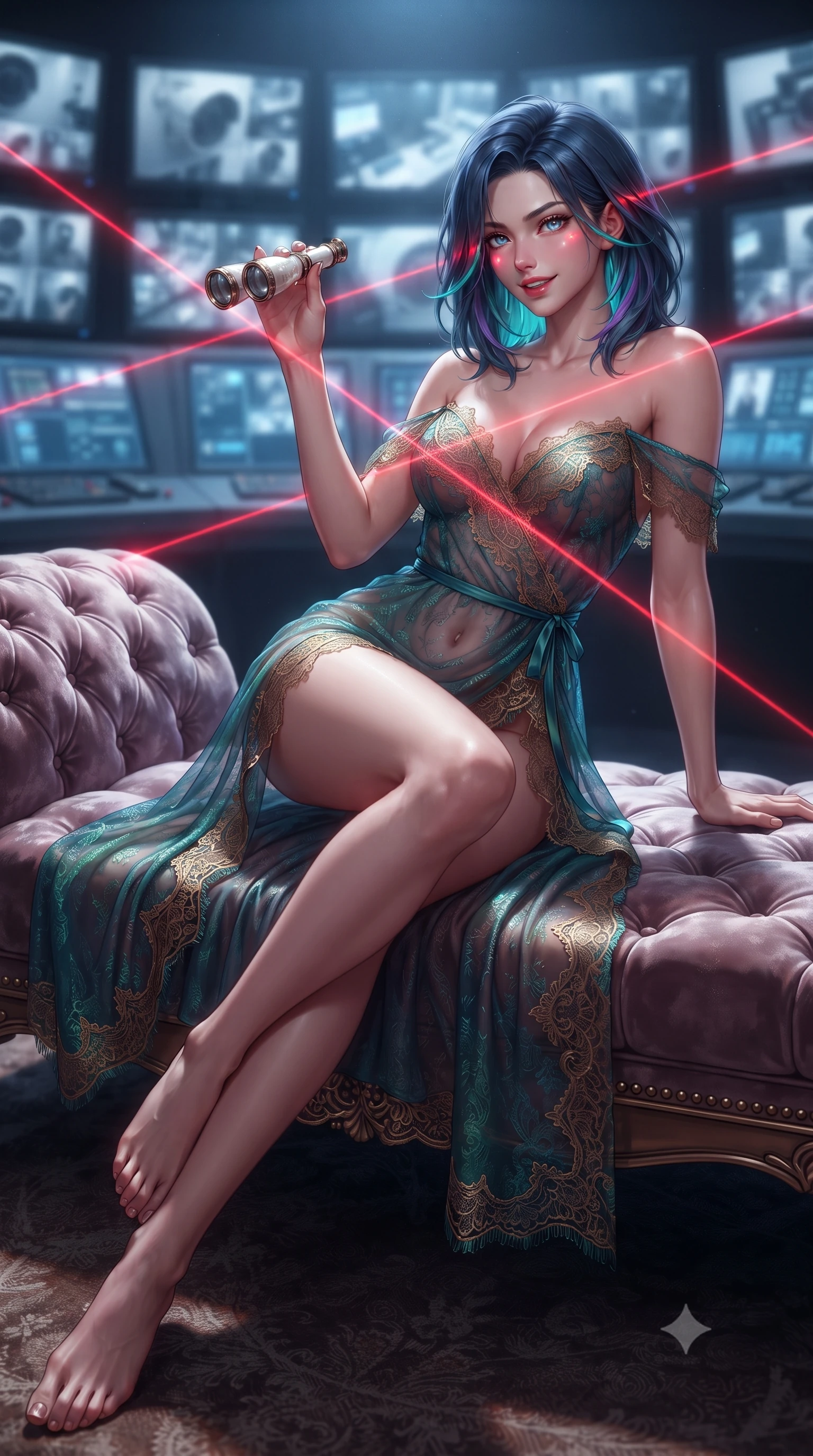 score_9, masterpiece, best quality, ultra-detailed, high-budget anime keyframe, editorial fashion photography, tasteful artistic composition, Caucasian woman. low angle full-body shot from head to toe showing her feet, filling the entire 9:16 vertical frame with her statuesque presence, stretching her vertical silhouette. lounging on the lavish daybed with legs crossed and hips angled toward the camera, displaying her toned midriff and long slender limbs with effortless siren poise while arching her spine in a breathless limbo maneuver between criss-crossing crimson laser beams with siren precision. The background shows a soft-focus security surveillance cameras softened in high-stakes infiltration shallow focus. She has an absolutely perfect, statuesque 8.5-heads proportion, an exceptionally tall and slender model-like female figure with impossibly long slender legs, an ultra-slim waist, a flat toned midriff, narrow delicate ribcage, and beautifully sculpted feminine hips creating a graceful, slim hourglass silhouette without any bulky heaviness. sharp v-shaped jawline, high-bridge nose, sparkling eyes with hypnotic seductive depth, thick curled eyelashes, glossy parted lips with a natural dewy peach sheen, alluring bedroom-eyes with an enchanting coquettish smile, exuding magnetic siren charisma and sophisticated glamour, flawlessly proportioned anatomical accuracy, strict slender model proportions, natural body alignment, perfectly sculpted long slender limbs, ultra-slim waistline, clean dynamic posture without body distortion. wearing a delicate sheer gossamer chiffon ballet wrap dress slipping off bare shoulders with a daring hip-high leg slit in iridescent peacock teal and burnished antique brass, made of delicate semi-sheer French Chantilly lace with intricate eyelash edges, accented with an antique mother-of-pearl opera glass held casually in one hand, the high-slit wrap tailoring accentuating her ultra-slim waistline and the enchanting curve of her feminine hips with alluring seductive charm. illuminated by security console backlights and sharp red-and-white rim lighting sculpting her razor-sharp jawline, narrow waist, and curvy hips. ultra-reflective glossy finish, specular highlights, rich textural contrasts, high-contrast stereoscopic depth, volumetric dynamic lighting, 2k, ultra detail, master piece, 9:16 ratio