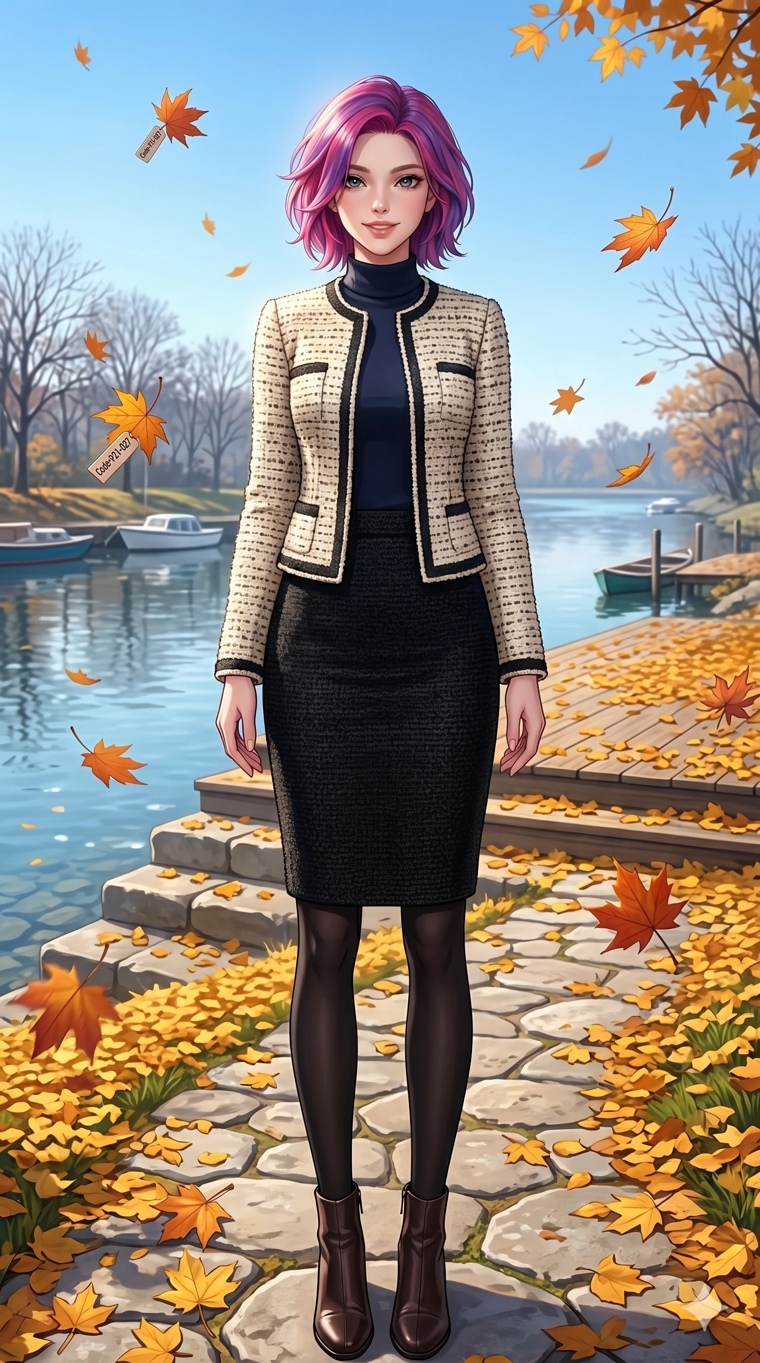 score_9, masterpiece, best quality, ultra-detailed, high-budget anime keyframe, vibrant anime aesthetic, Caucasian woman, strictly human ears. low angle full-body shot from head to toe showing her feet, filling the entire 9:16 vertical frame with her statuesque presence, stretching her vertical silhouette. She is standing in a garden path, smiling delightfully as maples fall around her by a scenic river bank deck covered in golden autumn leaves (Code-P21-027). She has an absolutely perfect 8-heads proportion, an exceptionally tall and slender female figure with impossibly long slender legs and an ultra-slim waist. V-shaped jawline, high-bridge nose, intricate jewel-like eyes with depth, thick eyelashes, glossy lips with a natural sheen. wearing a chic bouclé jacket over a high-neck top and pencil skirt in winter. She is soft glowing ambient light from a clear blue winter sky, highlighting her V-shaped jawline. 2k, ultra detail, master piece, 9:16 ratio