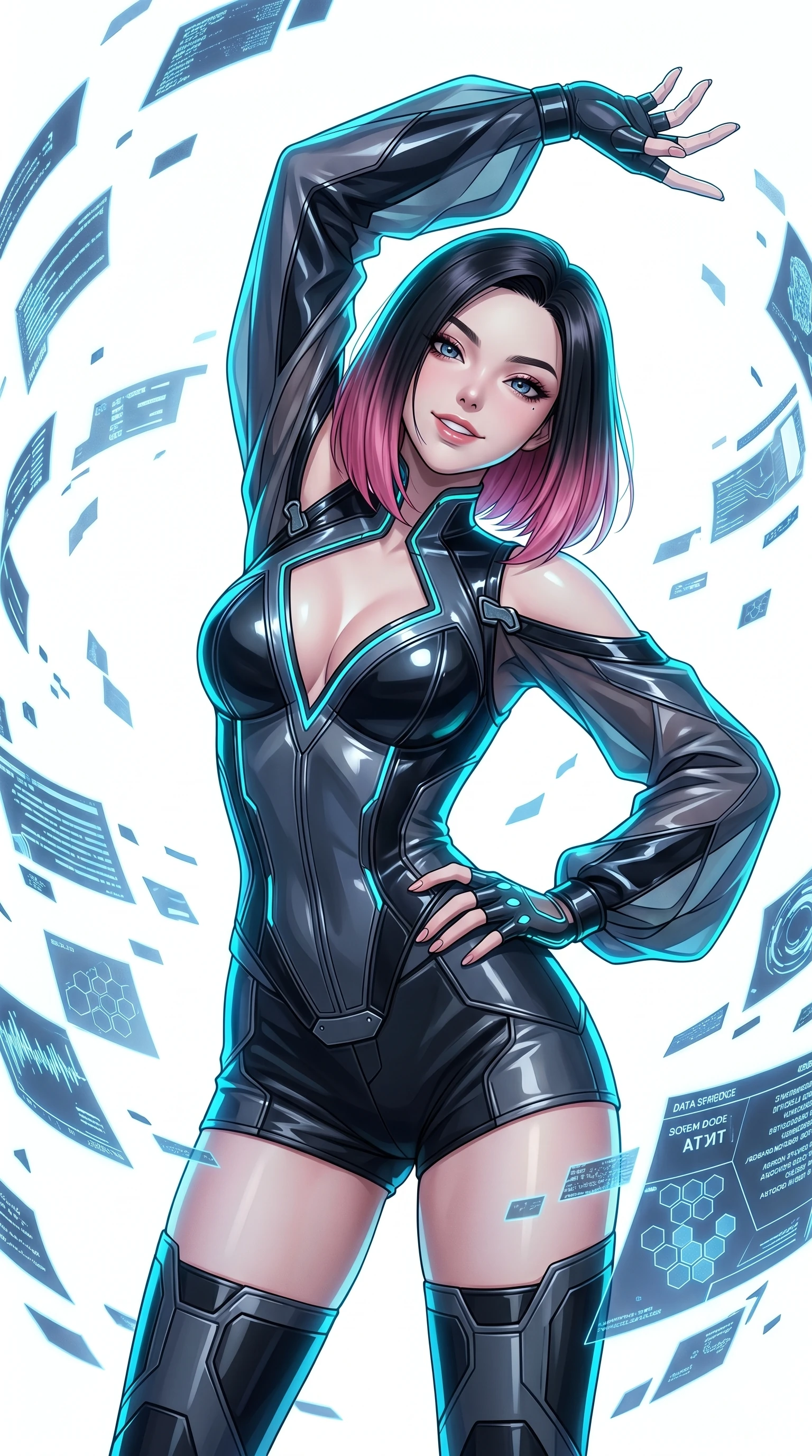 score_9, masterpiece, best quality, ultra-detailed, high-budget anime keyframe, editorial fashion photography, tasteful artistic composition, Korean woman. Upper body close-up from the thighs up, character filling the screen for maximum presence. She is leaning back with a confident, expressive smile amidst swirling holographic data shards in a brilliant white digital void. She stretches one arm overhead in a dynamic, fluid motion. She has an absolutely perfect 8-heads proportion, a tall and elegant figure with a refined silhouette and a defined waistline. V-shaped jawline, high-bridge nose, intricate jewel-like eyes with depth, thick eyelashes, glossy lips with a natural sheen. She is wearing a structured cybernetic bodice in glossy vinyl panels, paired with detached sleeves and a refined V-neckline detailed with glowing piping. The scene is illuminated by stark white key lights and a neon cyan rim light tracing her silhouette. 2k, ultra detail, master piece, 9:16 ratio