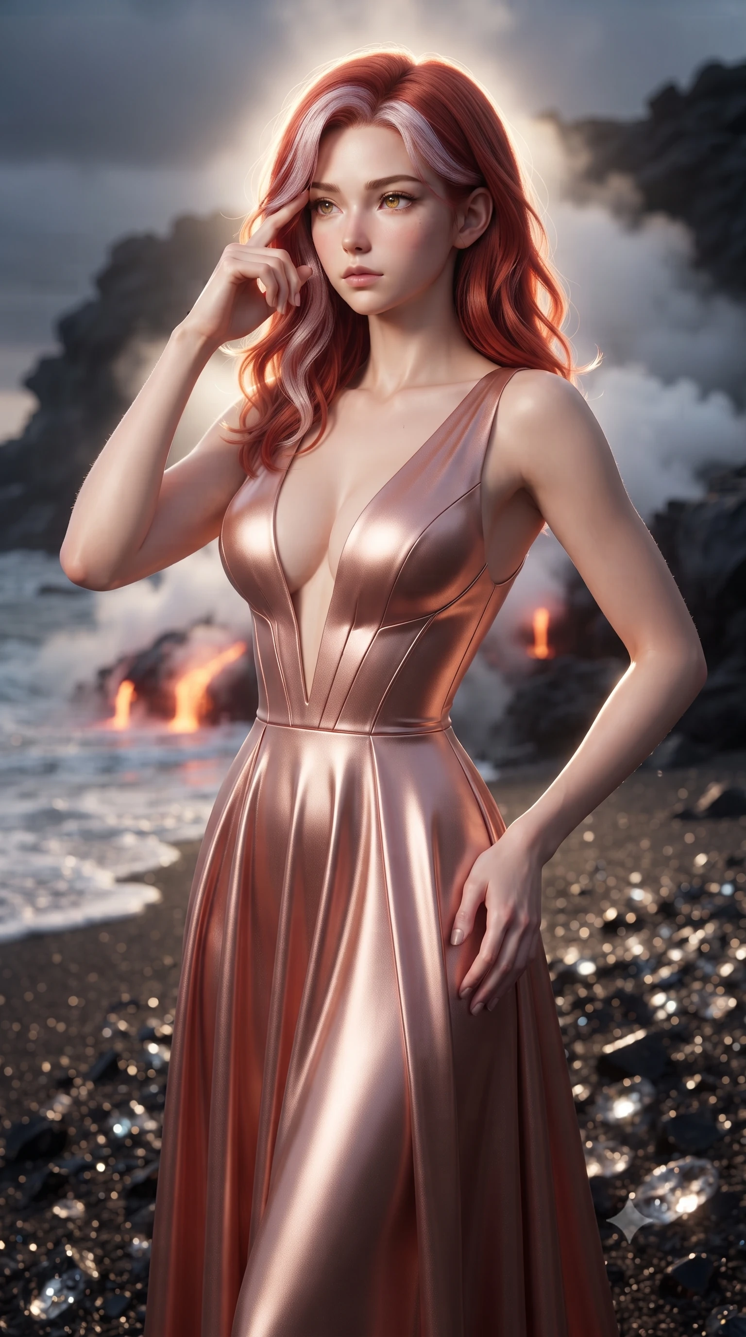score_9, masterpiece, best quality, ultra-detailed, high-budget anime keyframe, editorial fashion photography, tasteful artistic composition, Caucasian woman, strictly human ears. close-up cowboy shot from the waist and thighs up, the character dominates the composition, filling the frame with her large presence, background elements kept in soft focus. Pressing two fingers to her temple in a composed thoughtful gesture. set against a soft-focus background of a beach of glittering jet-black volcanic glass sand with waves of molten gold lapping at the shore where magma meets ocean steam rising in great columns and the black glass fragments catching light like dark diamonds. She has an exceptionally elegant and slender, willowy female figure with an ultra-slim waist, a gracefully sculpted slender torso, and a refined slim physique. sharp v-shaped jawline, high-bridge nose, intricate jewel-like eyes with depth, thick eyelashes, glossy lips with a natural sheen. wearing a floor-length gown in liquid rose gold, featuring an ultra-deep plunging V-neckline and a highly structured bodice. dramatic backlight creating a radiant halo effect around her entire silhouette. 2k, ultra detail, master piece, 9:16 ratio