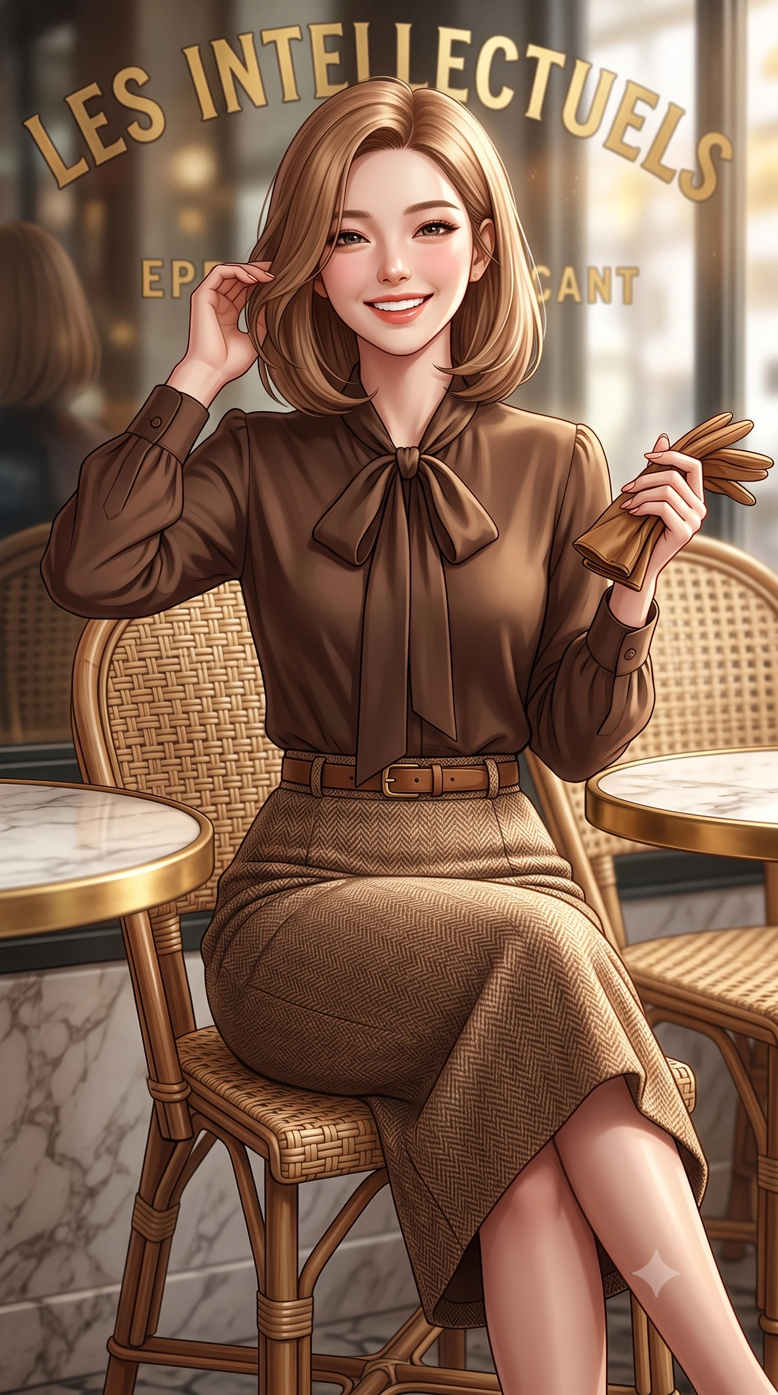 score_9, masterpiece, best quality, ultra-detailed, high-budget anime keyframe, semi-realistic 3D game render, editorial fashion photography, tasteful artistic composition, Korean woman. close-up cowboy shot from the waist and thighs up, the character dominates the composition, filling the frame with her large presence. gently brushing a lock of hair behind her ear with one hand while flashing a radiant, joyful smile while leaning back slightly against the wicker rattan café chair, ankles crossed, enjoying the crisp autumn air with effortless chic. The background shows a soft-focus brass café lettering on glass softened in romantic Left Bank intellectual shallow focus. She has an exceptionally elegant, slender, and willowy female figure with an ultra-slim waist, flat toned midriff, narrow ribcage, and sculpted feminine hips creating an alluring, slim hourglass silhouette without bulk. sharp v-shaped jawline, high-bridge nose, intricate jewel-like sparkling eyes with depth, thick eyelashes, glossy parted lips with a natural peach sheen, bright cheerful beaming smile with an enchanting and coquettish sensual glint, exuding both youthful cute charm and seductive allure, flawlessly proportioned anatomical accuracy, strict slender model proportions, natural body alignment, perfectly sculpted long slender limbs, ultra-slim waistline, clean dynamic posture without body distortion. wearing a fluid silk crepe pussy-bow blouse paired with a high-waisted tailored pencil midi skirt and slim leather belt in Saint-Germain camel wool and warm espresso, tailored from heritage British Harris Tweed with rich multi-tonal yarn weave, complemented by buttery leather gloves held delicately in one manicured hand, the streamlined silhouette following her natural slender proportions with sophisticated poise, enhancing her tall willowy presence. illuminated by zinc counter and marble tabletop bounce with delicate platinum rim lights sculpting her features and slender waist. highly saturated vibrant anime colors, detailed shading with soft gradients, rich glossy textures, high-contrast stereoscopic depth, volumetric dynamic lighting, master piece, 9:16 ratio