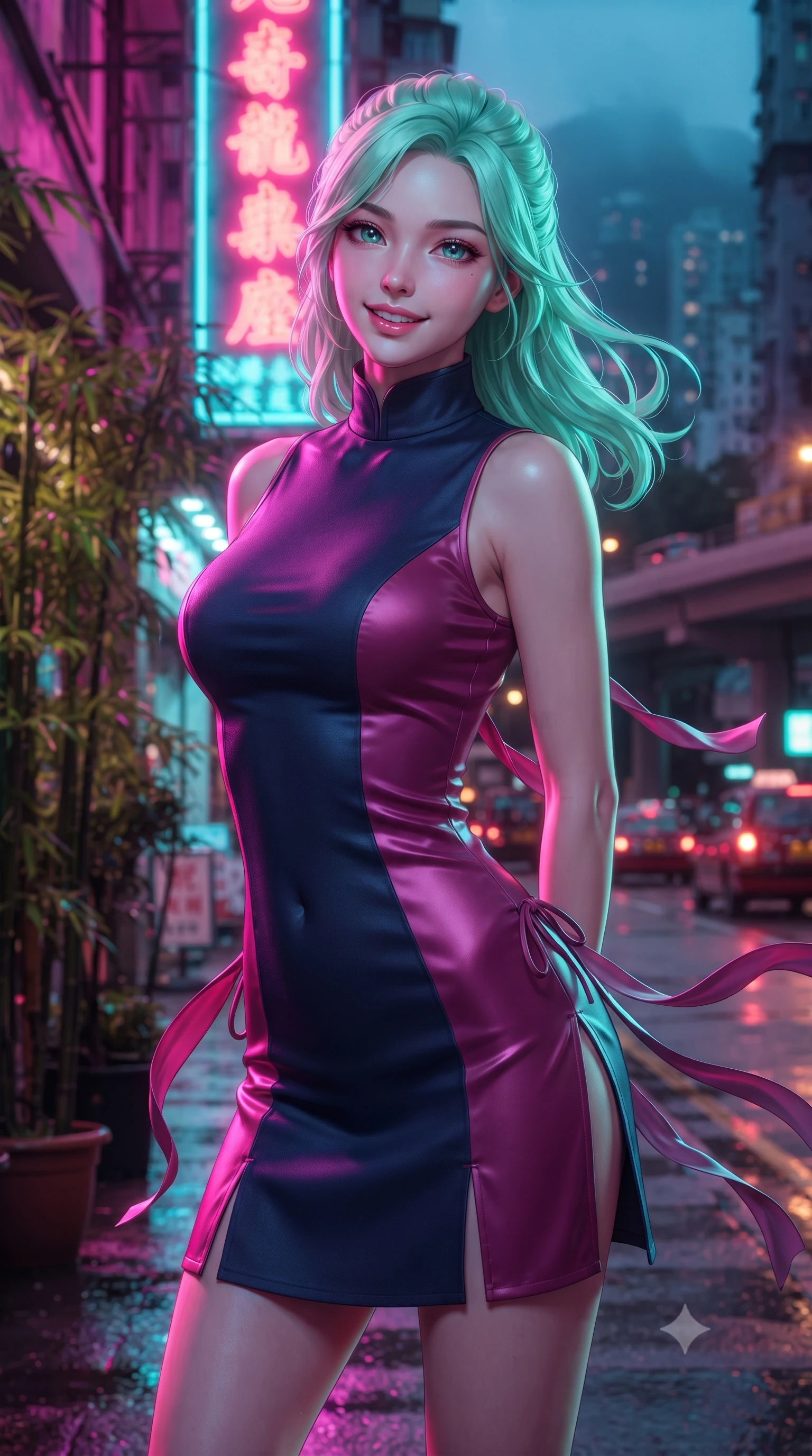 score_9, masterpiece, best quality, ultra-detailed, high-budget anime keyframe, editorial fashion photography, tasteful artistic composition, Japanese woman. close-up cowboy shot from the waist and thighs up, the character dominates the composition, filling the frame with her large presence. resting both hands lightly behind her back while leaning toward the lens with a cheerful, teasing grin, her form-fitting fusion dress hugging her narrow waist and hip curve while twisting her slender torso in an alluring contrapposto stance among potted bamboo, vertical neon signs painting her curves in electric pink and cyan. The background shows a soft-focus dizzying vertical kanji neon signs, passing elevated traffic, and mist-veiled Victoria Peak blurred into saturated magenta, cyan, and amber bokeh. She has an exceptionally elegant, slender, and willowy female figure with an ultra-slim waist, flat toned midriff, narrow ribcage, and sculpted feminine hips creating an alluring, slim hourglass silhouette without bulk. sharp v-shaped jawline, high-bridge nose, intricate jewel-like dark sparkling almond eyes with depth, thick lashes, glossy parted lips with a natural rose-plum sheen, bright alluring and coquettish smile with bedroom-eyes, exuding both timeless oriental elegance and sovereign high-fashion allure, flawlessly proportioned anatomical accuracy, strict slender model proportions, natural body alignment, perfectly sculpted long slender limbs, ultra-slim waistline, clean dynamic posture without body distortion. wearing a form-contouring sleeveless turtleneck mini dress in liquid silk satin with subtle side hip ties and high slits in deep lotus magenta and matte midnight navy, tailored from fine crisp cotton-linen with clean structural lines, accented with flowing gossamer silk ribbons that flutter dynamically in the evening breeze, the form-contouring cut accentuating her sculpted flat midriff, narrow delicate ribcage, and gracefully curvy hips with regal oriental supermodel elegance. bathed in intense, high-contrast neon magenta and electric turquoise underlights bouncing off wet surfaces. ultra-reflective glossy finish, specular highlights, rich textural contrasts, high-contrast stereoscopic depth, volumetric dynamic lighting, 2k, ultra detail, master piece, 9:16 ratio
