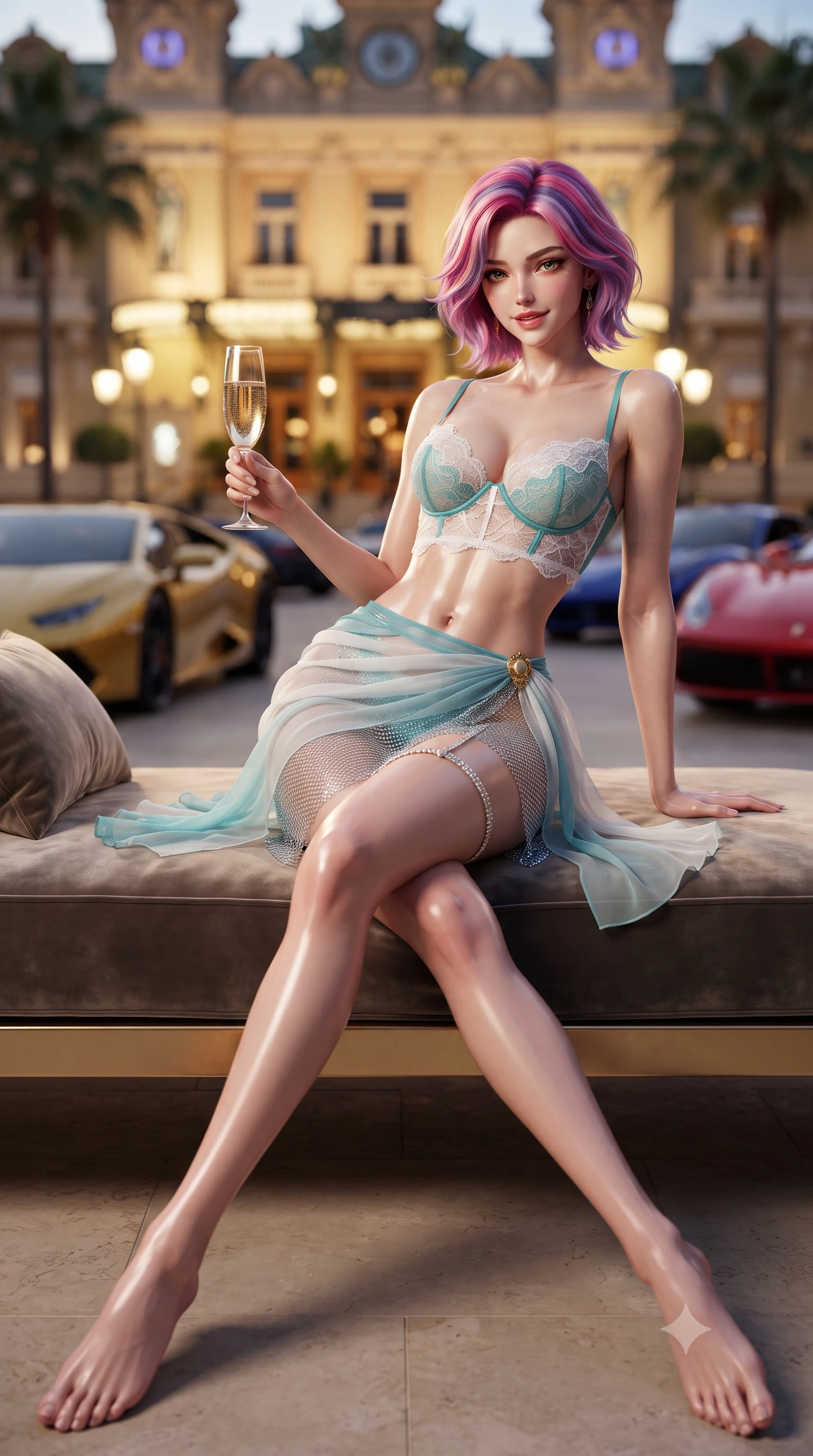 score_9, masterpiece, best quality, ultra-detailed, high-budget anime keyframe, editorial fashion photography, tasteful artistic composition, Caucasian woman. low angle full-body shot from head to toe showing her feet, filling the entire 9:16 vertical frame with her statuesque presence, stretching her vertical silhouette. lounging on the lavish daybed with legs crossed and hips angled toward the camera, displaying her toned midriff and long slender limbs with effortless siren poise while sitting perched on the outdoor velvet lounger with legs extended, holding a flute of vintage champagne with magnetic sovereign poise. The background shows a soft-focus illuminated facade of Casino de Monte-Carlo, palm trees in Casino Square, and luxury sports cars blurred into gold, sapphire, and ruby bokeh. She has an absolutely perfect, statuesque 8.5-heads proportion, an exceptionally tall and slender model-like female figure with impossibly long slender legs, an ultra-slim waist, a flat toned midriff, narrow delicate ribcage, and beautifully sculpted feminine hips creating a graceful, slim hourglass silhouette without any bulky heaviness. sharp v-shaped jawline, high-bridge nose, sparkling eyes with hypnotic seductive depth, thick curled eyelashes, glossy parted lips with a natural dewy peach sheen, alluring bedroom-eyes with an enchanting coquettish smile, exuding magnetic siren charisma and sophisticated glamour, flawlessly proportioned anatomical accuracy, strict slender model proportions, natural body alignment, perfectly sculpted long slender limbs, ultra-slim waistline, clean dynamic posture without body distortion. wearing a delicate French lace underwire bustier paired with a draped sheer chiffon wrap mini skirt and gold hip brooch in Capri turquoise and pure pearl white, crafted from shimmering fluid chainmail mesh reflecting ambient lights, finished with delicate crystal-encrusted thigh garter straps glinting in the dim light, the liquid-tight tailored fabric clinging flawlessly to her narrow waist and rounded feminine hips, emphasizing every millimeter of her sculpted slim hourglass curves without any bulky heaviness. illuminated by terrace marble reflection fill and sharp champagne-gold rim lights defining her delicate clavicles, ultra-slim waist, and curvy hips. ultra-reflective glossy finish, specular highlights, rich textural contrasts, high-contrast stereoscopic depth, volumetric dynamic lighting, 2k, ultra detail, master piece, 9:16 ratio