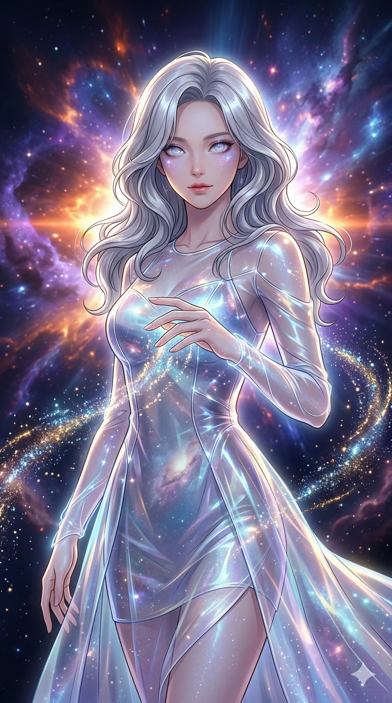 score_9, masterpiece, best quality, ultra-detailed, semi-realistic high-budget anime keyframe, an incredibly beautiful Korean woman. Medium shot of upper body filling the frame. She is a star-child born in a supernova, her touch turning everything into stardust. She has an absolutely perfect 8-heads proportion, a towering and slender female figure. Her face is a masterpiece with silver hair and glowing crystalline eyes. She is wearing a translucent plastic gown made of starlight, highlighting her alluring silhouette. Cosmic explosion background, radiant glowing skin, dramatic rim lighting, 2k, ultra detail, master piece, 9:16 ratio