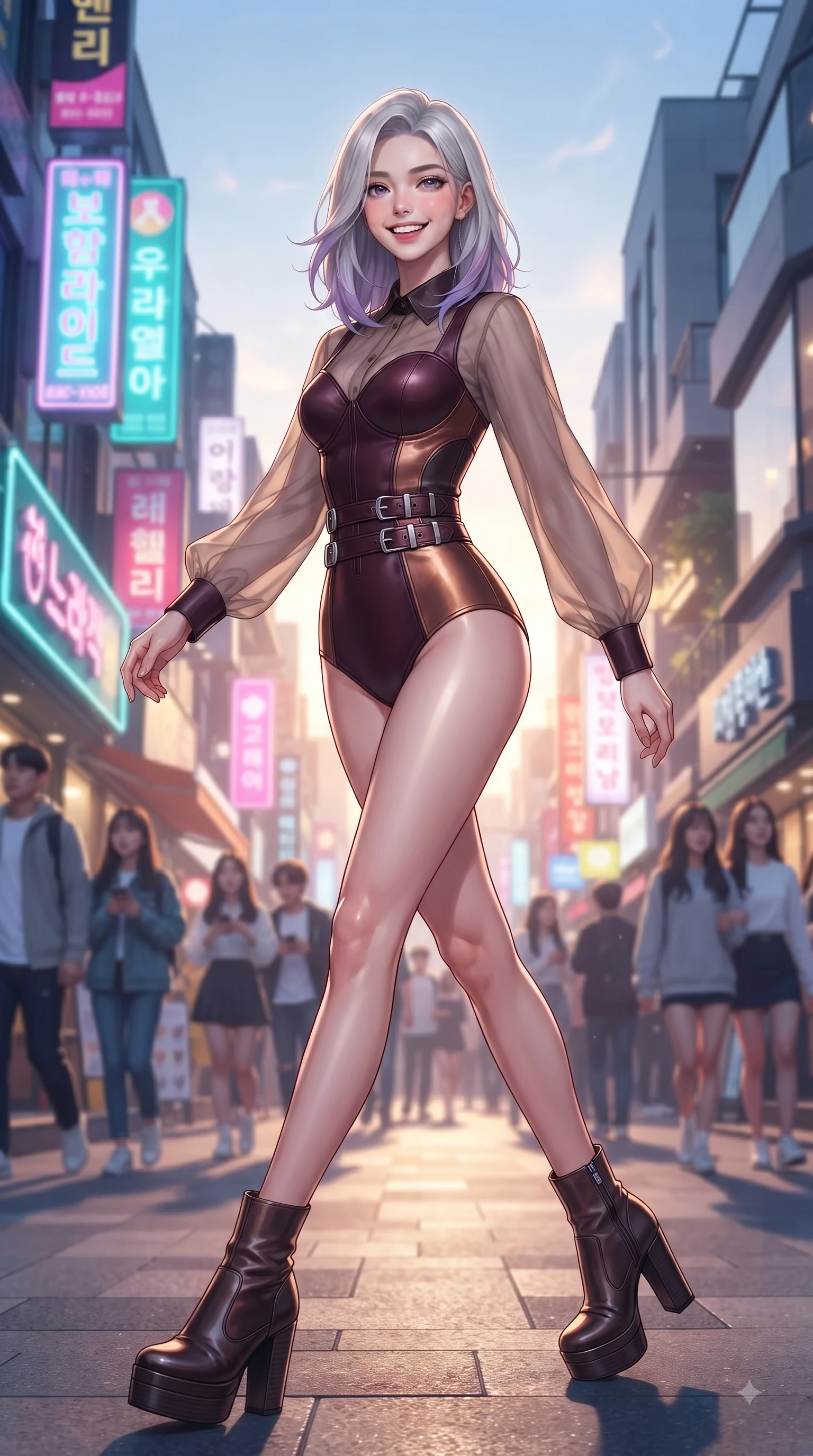 score_9, masterpiece, best quality, ultra-detailed, high-budget anime keyframe, editorial fashion photography, tasteful artistic composition, Caucasian woman. low angle full-body shot from head to toe showing her feet, filling the entire 9:16 vertical frame with her statuesque presence, stretching her vertical silhouette. forging dynamically through the scene with a fresh infectious smile, her ultra-slim waist creating a sweeping curve while pivoting in a stylish stride under neon shop signs as urban sunbeams illuminate her cute smile, young stylish crowds and chic architecture creating a lively college town atmosphere. She has an absolutely perfect, statuesque 8.5-heads proportion, an exceptionally tall and slender model-like female figure with impossibly long slender legs and an ultra-slim waist. sharp v-shaped jawline, high-bridge nose, intricate jewel-like eyes with depth, thick eyelashes, glossy lips with a natural sheen, flawlessly proportioned anatomical accuracy, natural body alignment, perfectly sculpted elegant limbs, clean dynamic posture without body distortion. wearing a tailored leather bustier over a sheer silk chiffon blouse in deep burgundy and bronze, formed from sleek second-skin neoprene, detailed with polished silver buckles along the waistline, the glove-like fit emphasizing her statuesque silhouette during motion. illuminated by vibrant neon shop signs and crisp clear afternoon key light. ultra-reflective glossy finish, specular highlights, metallic sheen, high-contrast stereoscopic depth, volumetric dynamic lighting, 2k, ultra detail, master piece, 9:16 ratio