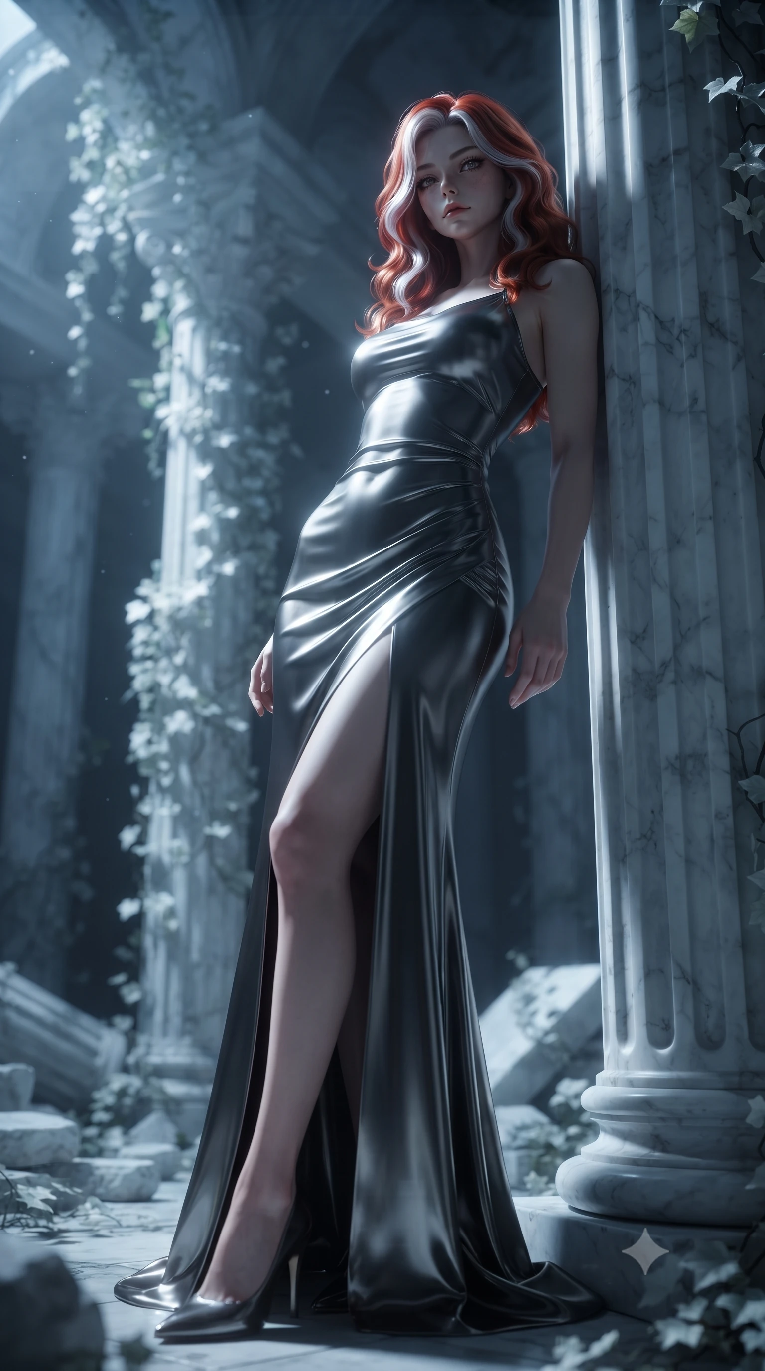 score_9, masterpiece, best quality, ultra-detailed, High-budget Anime Keyframe, editorial fashion photography, tasteful artistic composition, realistic cosplay photography, Caucasian woman, strictly human ears. Low angle cowboy shot filling the entire 9:16 frame with her statuesque presence. Scenario 289: leaning against a cold marble pillar inside a moonlit ancient temple with collapsing marble pillars and white ivy. Her presence is magnetic and overpowering in this high-budget cinematic scene. Outfit 289: a form-contouring molten liquid silk long with a thigh-high slit and tight-fitting silhouette. The clothing is designed to emphasize her exceptionally tall and slender 8-heads proportion. 8-heads proportion, towering silhouette, ultra-slim waist. sharp v-shaped jawline, intricate jewel-like eyes with depth, thick eyelashes, glossy lips. ultra-reflective glossy finish, specular highlights, metallic sheen, high-contrast stereoscopic depth, volumetric dynamic lighting, 2k, ultra detail, master piece, 9:16 ratio