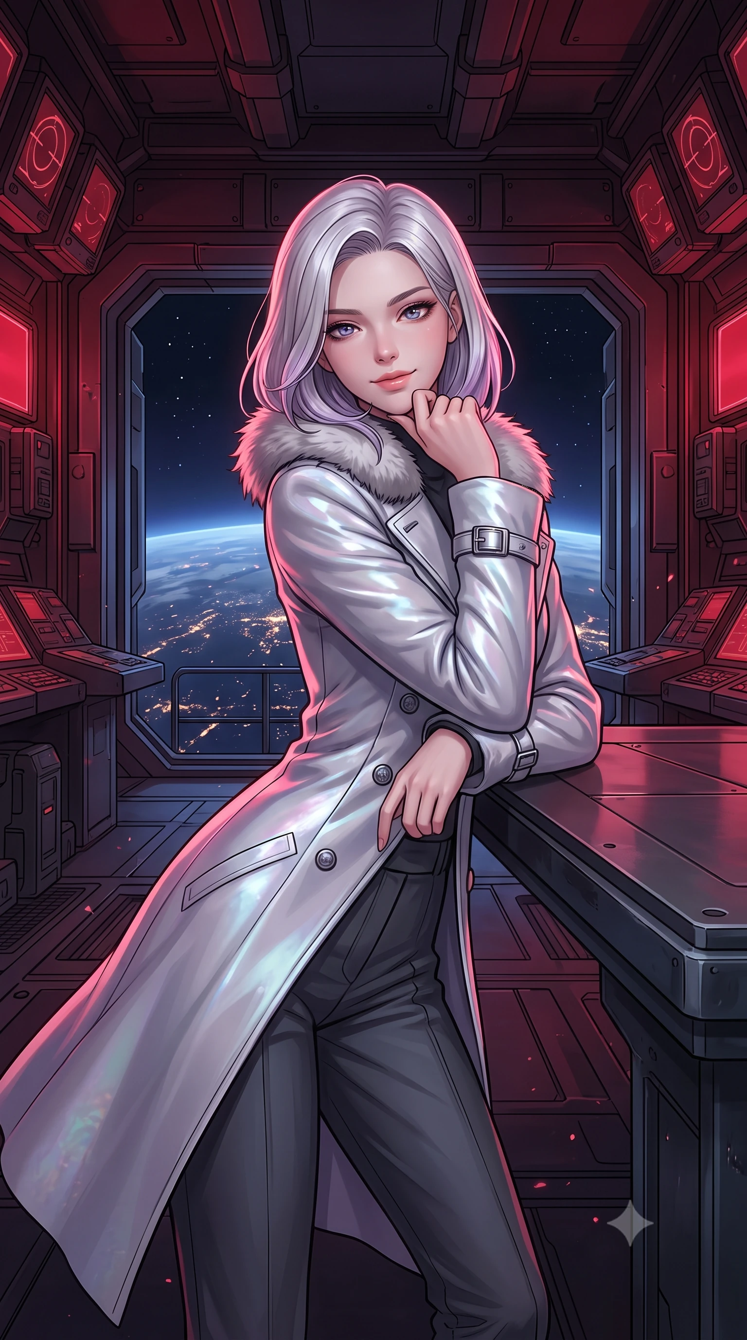 score_9, masterpiece, best quality, ultra-detailed, high-budget anime keyframe, semi-realistic 3D game render, editorial fashion photography, tasteful artistic composition, Caucasian woman. close-up cowboy shot from the waist and thighs up, the character dominates the composition, filling the frame with her large presence. resting one elbow on the table and supporting her chin, leaning close to the camera with heavy-lidded sparkling eyes and parted lips while standing poised on the heavy armored gun deck overlooking banks of targeting periscopes, arching her spine with breathtaking anime heroine allure as blast shutters open to the planet below. The surrounding environment is rendered in vivid detail and crisp panoramic clarity: detailed anime combat styling, glossy highlights, and heavy military orbital hardware in high resolution. She has an exceptionally elegant, slender, and willowy female figure with an ultra-slim waist, flat toned midriff, narrow ribcage, and sculpted feminine hips creating an alluring, slim hourglass silhouette without bulk. sharp v-shaped jawline, high-bridge nose, intricate jewel-like sparkling eyes with depth, thick eyelashes, glossy parted lips with a natural peach sheen, bright cheerful beaming smile with an enchanting and coquettish sensual glint, exuding both youthful cute charm and seductive allure, flawlessly proportioned anatomical accuracy, strict slender model proportions, natural body alignment, perfectly sculpted long slender limbs, ultra-slim waistline, clean dynamic posture without body distortion. wearing a futuristic double-breasted arctic combat officer greatcoat with thermal fur-lined collar and tailored wool trousers in iridescent mother-of-pearl and liquid molten silver, crafted from bespoke double-faced cashmere with an exceptionally soft tactile finish, finished with sleek magnetic buckle closures fluttering in the breeze, the bespoke structured tailoring following the natural line of her 8.5-heads silhouette with refined elegance. bathed in moody 660nm deep crimson battle stations lighting mixed with cool blue planetary city-light radiance. highly saturated vibrant anime colors, detailed shading with soft gradients, rich glossy textures, high-contrast stereoscopic depth, volumetric dynamic lighting, master piece, 9:16 ratio