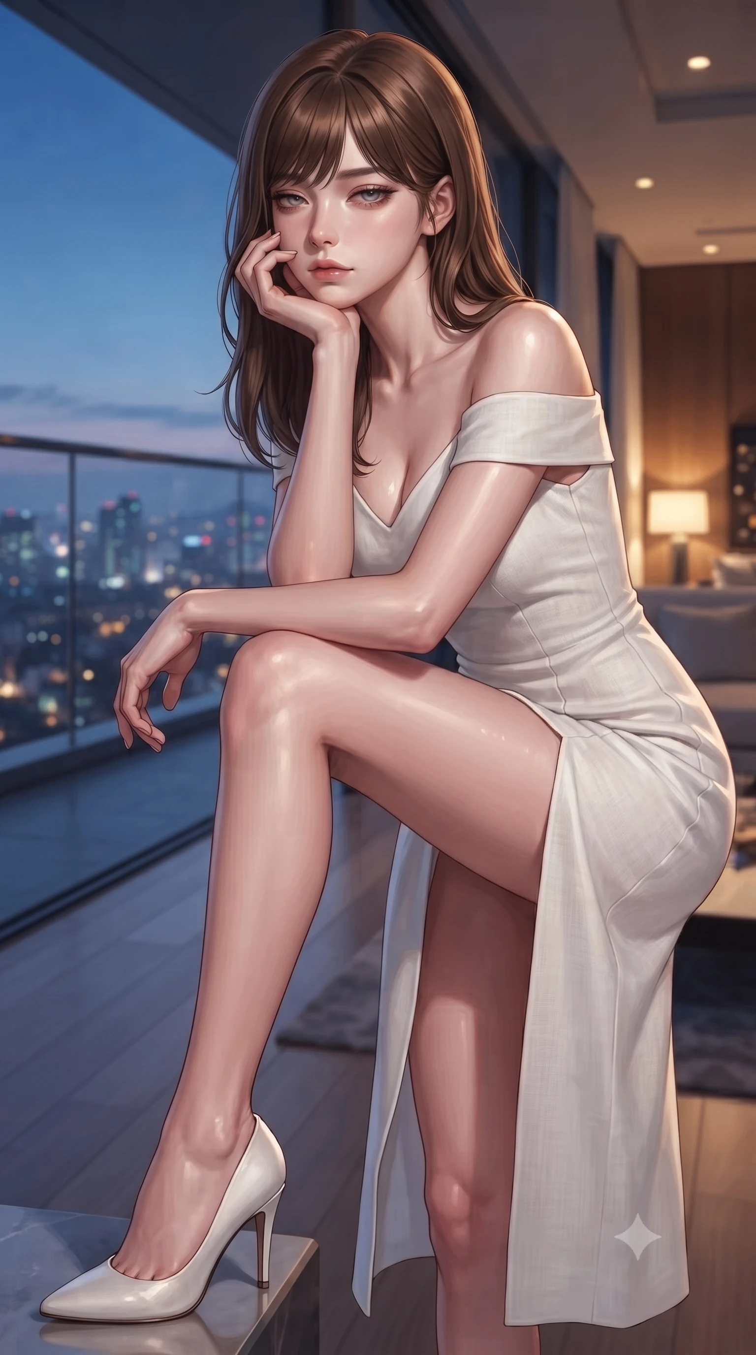 score_9, masterpiece, best quality, ultra-detailed, high-budget anime keyframe, editorial fashion photography, tasteful artistic composition, Korean woman woman. close-up cowboy shot from the waist and thighs up, the character dominates the composition, filling the frame with her large presence, background elements kept in soft focus. resting her chin on the backs of her fingers, casting a heavy-lidded, sultry look past the camera the background shows a soft-focus a modern balcony overlooking a distant glittering city skyline at dusk. She has an exceptionally elegant, slender, and willowy female figure with an ultra-slim waist, a gracefully sculpted slender torso, and a refined silhouette. sharp v-shaped jawline, high-bridge nose, intricate jewel-like eyes with depth, thick eyelashes, glossy lips with a natural sheen. wearing a tailored off-shoulder white linen summer dress featuring a high side slit ascending to mid-thigh. the cool blue twilight sky contrasting with the warm golden lights of the room inside. ultra-reflective glossy finish, specular highlights, metallic sheen, high-contrast stereoscopic depth, volumetric dynamic lighting, 2k, ultra detail, master piece, 9:16 ratio