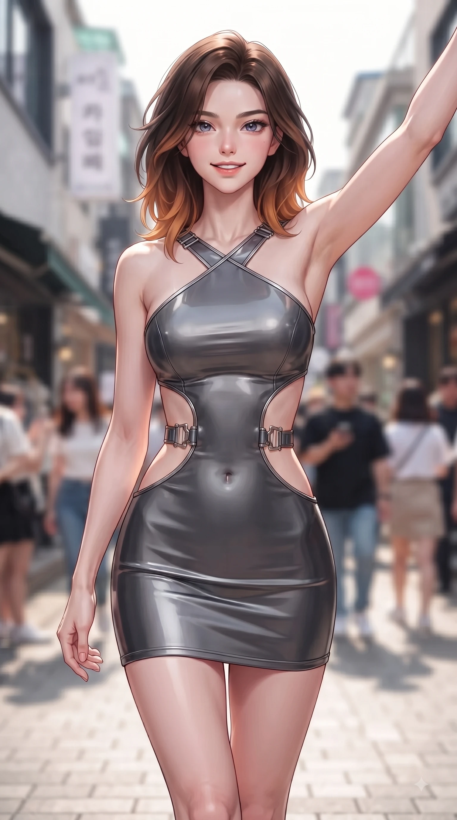 score_9, masterpiece, best quality, ultra-detailed, high-budget anime keyframe, editorial fashion photography, tasteful artistic composition, Korean woman. close-up cowboy shot from the waist and thighs up, the character dominates the composition, filling the frame with her large presence, background elements kept in soft focus. Extending one arm in an elegant stretch toward the light while smiling with vibrant, youthful self-assurance while walking dynamically down a vibrant Seongsu-dong alley lined with trendy fashion pop-up stores, young stylish crowds and chic architecture creating a lively college town atmosphere. She has an exceptionally elegant, slender, and willowy female figure with an ultra-slim waist, a gracefully sculpted slender torso, and a refined silhouette. sharp v-shaped jawline, high-bridge nose, intricate jewel-like eyes with depth, thick eyelashes, glossy lips with a natural sheen, flawlessly proportioned anatomical accuracy, natural body alignment, perfectly sculpted elegant limbs, clean dynamic posture without body distortion. wearing a dramatic open-waist cutout mini dress framed by sculptural hardware in charcoal grey and platinum, formed from sleek second-skin neoprene, complemented by criss-cross back straps highlighting her bare shoulders, the sleek second-skin texture accentuating her magnetic presence. surrounded by a lively, trendy street aura with rich specular highlights. ultra-reflective glossy finish, specular highlights, metallic sheen, high-contrast stereoscopic depth, volumetric dynamic lighting, 2k, ultra detail, master piece, 9:16 ratio