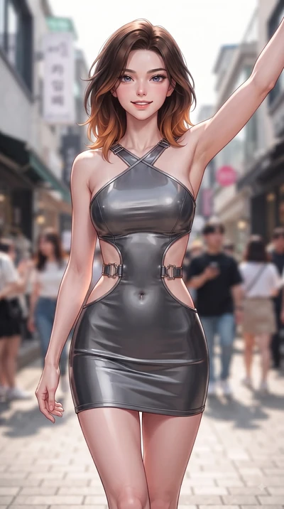 score_9, masterpiece, best quality, ultra-detailed, high-budget anime keyframe, editorial fashion photography, tasteful artistic composition, Korean woman. close-up cowboy shot from the waist and thighs up, the character dominates the composition, fi