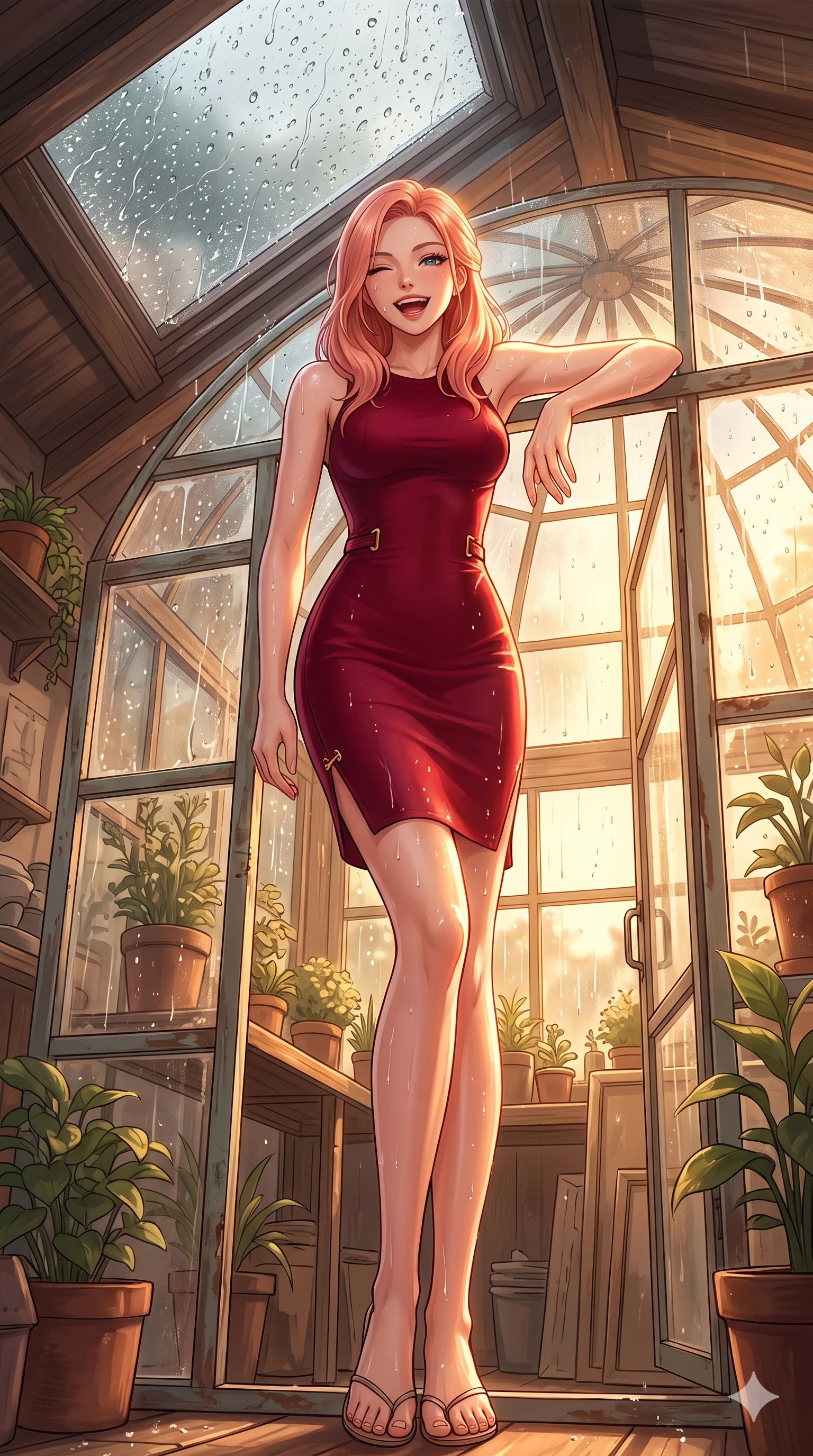 score_9, masterpiece, best quality, ultra-detailed, high-budget anime keyframe, vibrant anime aesthetic, Japanese woman. low angle full-body shot from head to toe showing her feet, filling the entire 9:16 vertical frame with her statuesque presence, stretching her vertical silhouette. She is leaning against a greenhouse frame, winking and laughing happily, her eyes glowing with lively energy under the glass conservatory dome. inside a cozy attic studio with a large skylight pane covered in sliding rain droplets, bathed in soft warm light (Code-P22-044). She has an absolutely perfect 8-heads proportion, an exceptionally tall and slender female figure with impossibly long slender legs and an ultra-slim waist. V-shaped jawline, high-bridge nose, intricate jewel-like eyes with depth, thick eyelashes, glossy lips with a natural sheen. wearing a sleek bodycon dress featuring refined side vent accents in deep crimson. She is drenched in bright, warm sun showers, casting sharp highlights on the raindrops, creating a warm, inviting, and atmospheric glow in the cozy indoor garden. 2k, ultra detail, master piece, 9:16 ratio