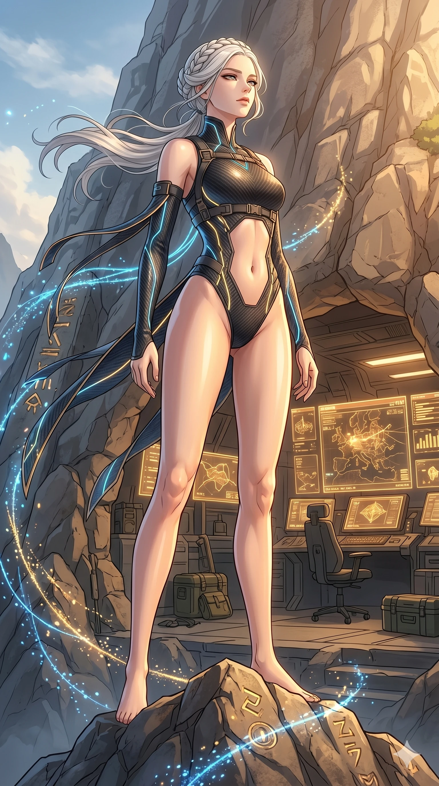 score_9, masterpiece, best quality, ultra-detailed, High-budget Anime Keyframe, vibrant colors, fluid line-art, expressive lighting, cinematic composition, Ufotable-style visual effects, top-tier animation quality, Caucasian woman with pale skin, blonde hair, and (strictly human ears). Cinematic low angle perspective showcasing her towering height and perfect 8-heads proportion. Listening to the ancient whispers of the wind on a high mountain peak, her hair and outfit flowing in the breeze. She has an absolutely perfect 8-heads proportion, an exceptionally tall and slender female figure with impossibly long slender legs and an ultra-slim waist, her statuesque height and towering silhouette dominating the vertical 9:16 frame. Her face is a masterpiece featuring a sharp v-shaped jawline, high-bridge nose, intricate jewel-like eyes with depth, thick eyelashes, and glossy lips with a natural sheen. She is wearing a Asymmetrical high-cut tech-bodysuit with detached sleeves and glowing fiber-optic seams crafted from Carbon-fiber weave with a high-tech matte finish and integrated glowing filaments, with an exposed midriff and a complex harness system that draws the eye. The scene is set in an underground rebel bunker with flickering holographic screens and tactical maps, illuminated by golden hour sunlight that gives her skin a warm, radiant glow. 2k, ultra detail, master piece, 9:16 ratio