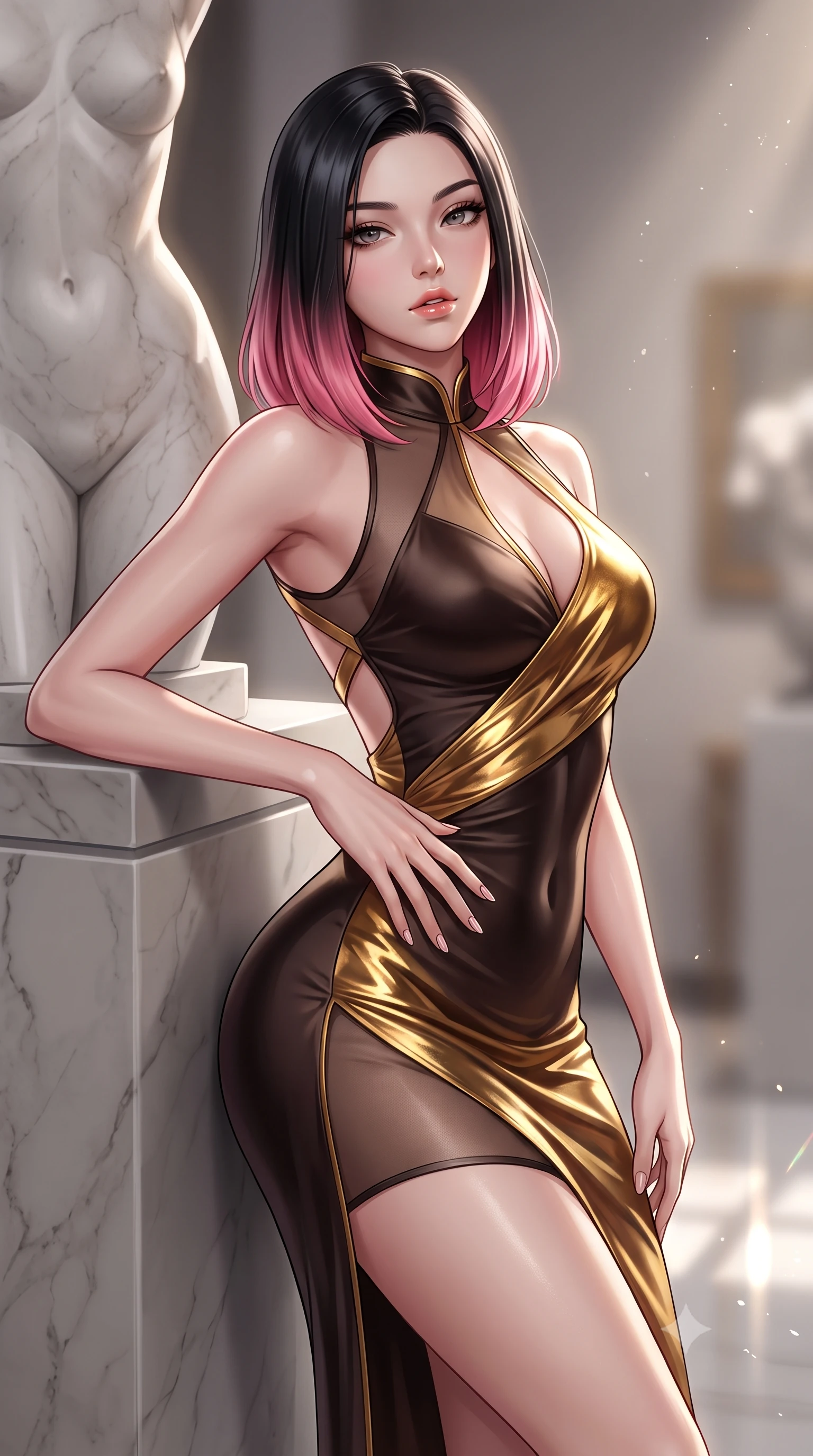 score_9, masterpiece, best quality, ultra-detailed, high-budget anime keyframe, semi-realistic 3D game render, editorial fashion photography, tasteful artistic composition, Korean woman. close-up cowboy shot from the waist and thighs up, the character dominates the composition, filling the frame with her large presence. resting one manicured hand delicately on her hip bone, her upper body turning in a fluid, seductive S-curve while parted lips glisten in the light while leaning back against the pedestal of a minimalist marble sculpture with hips cocked, casting a cool, intellectual, and smoldering gaze at the camera. The composition keeps background elements in soft focus with creamy bokeh. gallery pin-spotlight beams and reflective floor highlights scattering sleek directional light motes. She has an exceptionally elegant, slender, and willowy female figure with an ultra-slim waist, flat toned midriff, narrow ribcage, and sculpted feminine hips creating an alluring, slim hourglass silhouette without bulk. sharp v-shaped jawline, high-bridge nose, intricate jewel-like eyes with depth, thick eyelashes, glossy parted lips with a natural sheen, intensely captivating and seductive bedroom-eyes expression, flawlessly proportioned anatomical accuracy, strict slender model proportions, natural body alignment, perfectly sculpted long slender limbs, ultra-slim waistline, clean dynamic posture without body distortion. wearing a wet-look silk fusion wrap dress with asymmetrical sheer mesh cutouts and high Mandarin collar in dark espresso brown and molten gold foil, tailored from liquid silk jersey adhering flawlessly to her slender build, finished with criss-cross back satin straps highlighting her graceful shoulder blades, the glove-like aerodynamic silhouette tightly following the natural contour of her hips and long slender legs with statuesque 8.5-heads elegance. illuminated by sharp linear edge highlights defining her sculpted collarbones, ultra-slim waist, and curvy hips. highly saturated vibrant anime colors, detailed shading with soft gradients, rich glossy textures, high-contrast stereoscopic depth, volumetric dynamic lighting, master piece, 9:16 ratio