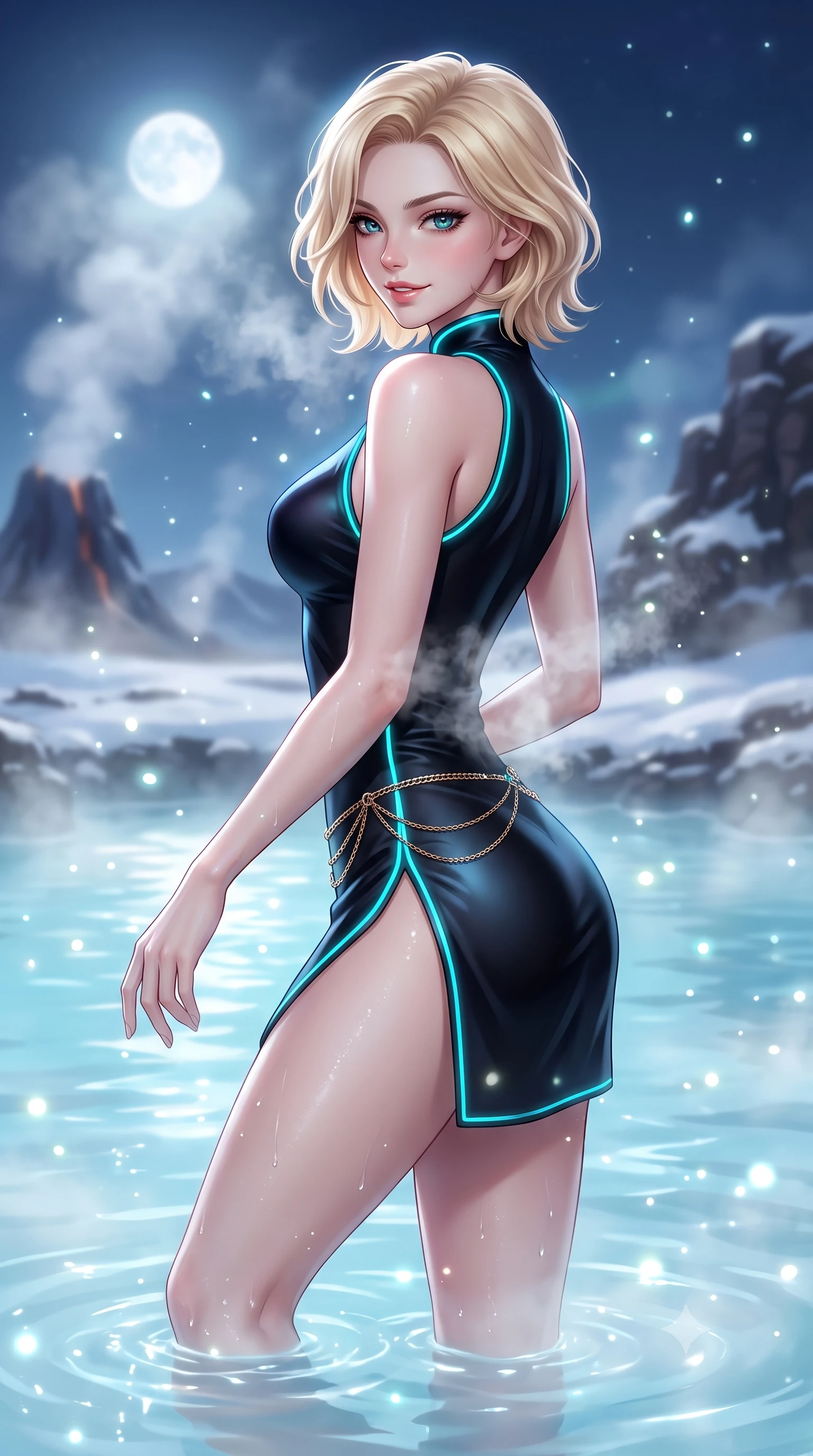 score_9, masterpiece, best quality, ultra-detailed, high-budget anime keyframe, semi-realistic 3D game render, editorial fashion photography, tasteful artistic composition, Caucasian woman. close-up cowboy shot from the waist and thighs up, the character dominates the composition, filling the frame with her large presence. turning over a bare shoulder with an intoxicating, teasing smile, her soft hair framing her sharp jawline as her hips angle gracefully while wading through the milky-blue thermal mineral water beneath the full moon, arching her spine in pure pleasure as steam curls around her waist. The composition keeps background elements in soft focus with creamy bokeh. shimmering silica water caustics and drifting steam particles scattering ethereal glowing light motes. She has an exceptionally elegant, slender, and willowy female figure with an ultra-slim waist, flat toned midriff, narrow ribcage, and sculpted feminine hips creating an alluring, slim hourglass silhouette without bulk. sharp v-shaped jawline, high-bridge nose, intricate jewel-like eyes with depth, thick eyelashes, glossy parted lips with a natural sheen, intensely captivating and seductive bedroom-eyes expression, flawlessly proportioned anatomical accuracy, strict slender model proportions, natural body alignment, perfectly sculpted long slender limbs, ultra-slim waistline, clean dynamic posture without body distortion. wearing a modernized cyber-qipao mini dress with an ultra-high side slit ascending to the hip and glowing piping in neon electric cyan and lacquer black, tailored from liquid silk jersey adhering flawlessly to her slender build, accented with a delicate gold chain belt resting loosely on her curvy hips, the second-skin form-contouring cut accentuating her sculpted flat midriff, narrow delicate ribcage, and gracefully curvy hips with supermodel precision. surrounded by an otherworldly, serene, and deeply sensual Arctic geothermal nymph aura. highly saturated vibrant anime colors, detailed shading with soft gradients, rich glossy textures, high-contrast stereoscopic depth, volumetric dynamic lighting, master piece, 9:16 ratio
