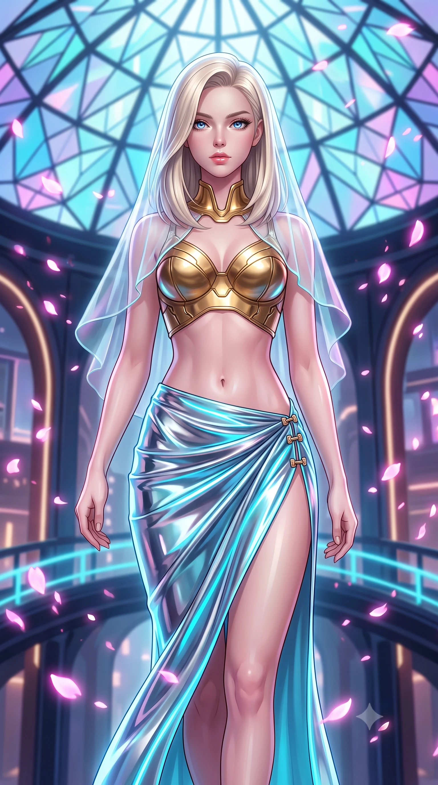 score_9, masterpiece, best quality, ultra-detailed, high-budget anime keyframe, semi-realistic 3D game render, editorial fashion photography, tasteful artistic composition, Caucasian woman. close-up cowboy shot from the waist and thighs up, the character dominates the composition, filling the frame with her large presence. gazing forward with divine sovereign poise, captivating jewel-like eyes shining with transcendent luminescence and alluring grace while striding gracefully beneath a soaring geometric cybernetic stained-glass dome as glowing pink digital sakura petals swirl around her. The composition keeps background elements in soft focus with creamy bokeh. traditional futuristic lacquered arches and neon bridges softened by shallow cinematic depth of field. She has an exceptionally elegant, slender, and willowy female figure with an ultra-slim waist, a gracefully sculpted slender torso, toned flat midriff, and a refined slim silhouette. sharp v-shaped jawline, high-bridge nose, intricate jewel-like eyes with depth, thick eyelashes, glossy lips with a natural sheen, flawlessly proportioned anatomical accuracy, strict slender model proportions, natural body alignment, perfectly sculpted long slender limbs, ultra-slim waistline, clean dynamic posture without body distortion. wearing an ethereal translucent cyber-veil paired with a sculpted golden mechanical cuirass and high-fashion draped silk skirt in polished mirror chrome and glowing electric cyan neon, made of liquid jersey fabric that clings flawlessly to every contour of her build, finished with an ultra-high side slit secured by miniature magnetic clasps, the form-contouring material adhering flawlessly to her sculpted flat midriff and slender torso, emphasizing her long leg lines and perfectly proportioned willowy build. surrounded by an exotic, romantic, and breathtakingly stylish cyber-goddess aura. rich saturated anime colors with glowing neon highlights, detailed shading with soft gradients, rich glossy textures, high-contrast stereoscopic depth, volumetric dynamic lighting, master piece, 9:16 ratio