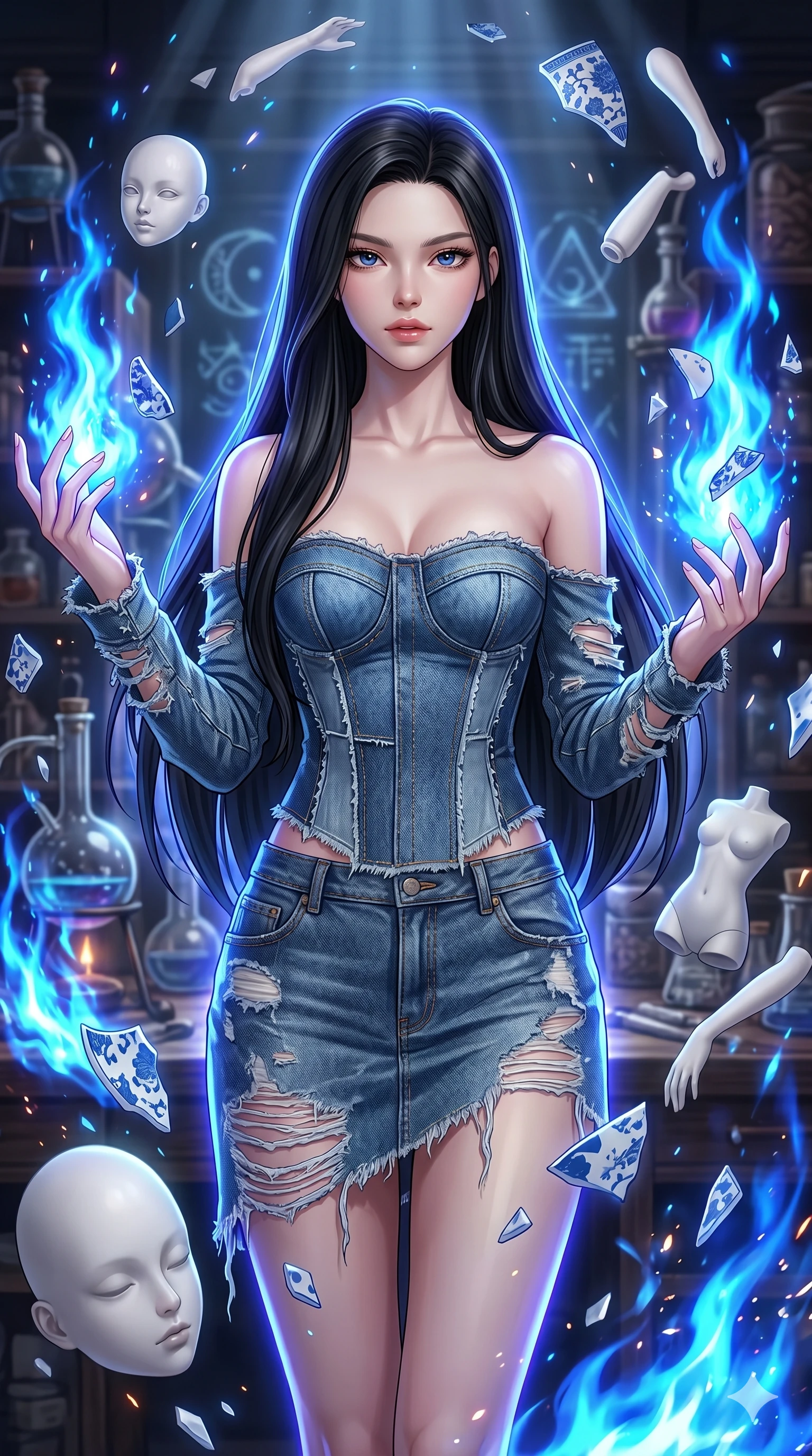 score_9, masterpiece, best quality, ultra-detailed, high-budget anime keyframe, Japanese woman. upper body close-up from the thighs up, character filling the screen for maximum presence. assisting in an alchemical porcelain workshop where floating white bisque doll parts and blue porcelain shards swirl amidst blue alchemical flames. She has an absolutely perfect 8-heads proportion, an exceptionally tall and slender female figure with impossibly long slender legs and an ultra-slim waist. V-shaped jawline, high-bridge nose, intricate jewel-like eyes with depth, thick eyelashes, glossy lips with a natural sheen.. wearing a deconstructed denim corset and an asymmetric ripped denim micro-skirt, showcasing a rugged yet chic off-shoulder style. bathed in brilliant cinematic volumetric lighting and intense neon rim light highlighting her slender form. 2k, ultra detail, master piece, 9:16 ratio