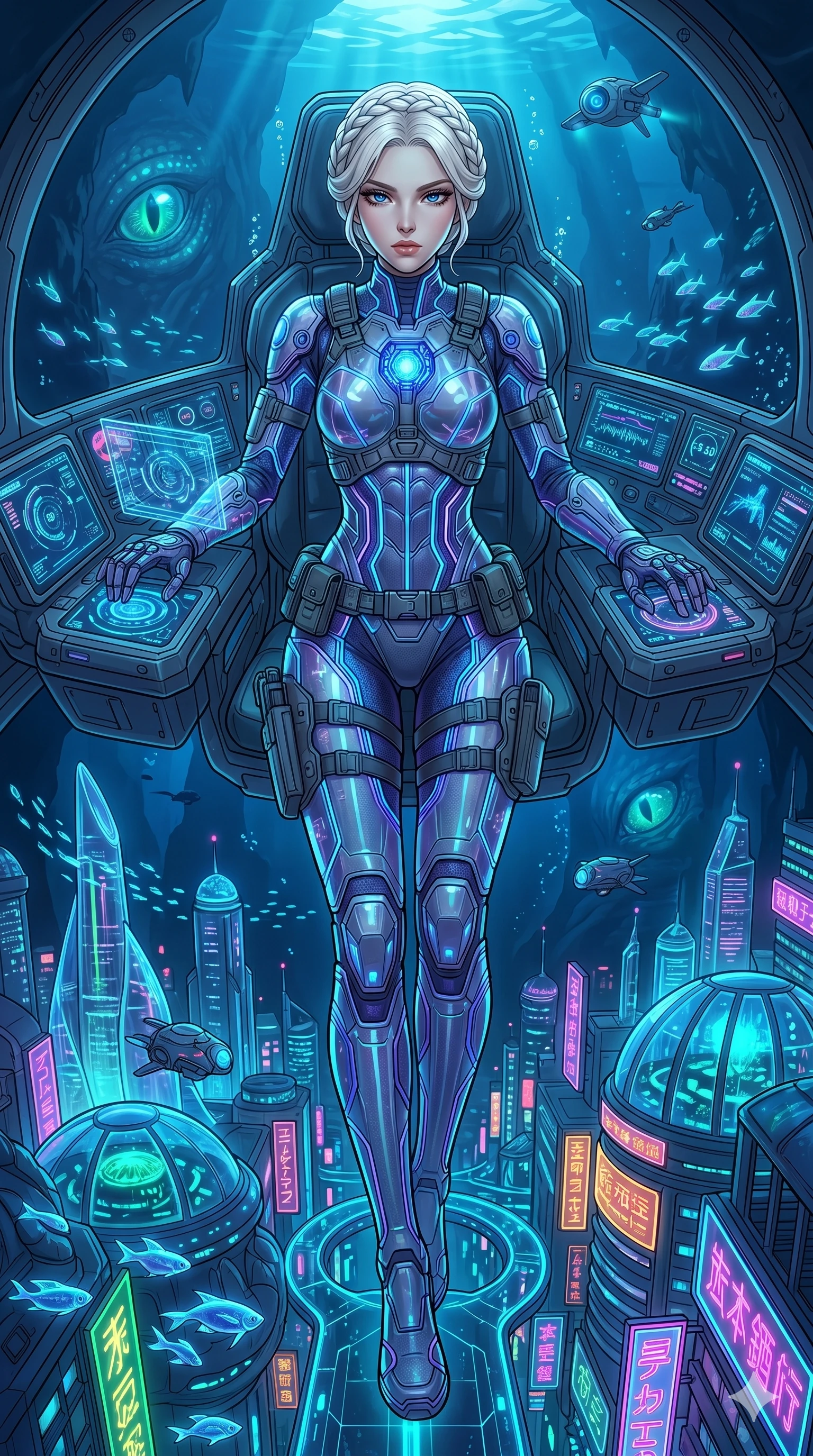 score_9, masterpiece, best quality, ultra-detailed, high-budget anime movie keyframe, cinematic anime lighting, intricate line art, Caucasian (strictly human ears) woman. Dynamic full-body shot stretching the vertical silhouette with extreme perspective. piloting a underwater submersible through a submerged neon city. She has an absolutely perfect 8-heads proportion, an exceptionally tall and slender female figure with an ultra-slim waist and impossibly long slender legs. strictly human anatomy, two legs only, no extra limbs, clearly defined legs and arms, perfect anatomy, perfect hands and fingers. sharp v-shaped jawline, high-bridge nose, intricate jewel-like eyes, thick eyelashes, glossy lips. Wearing Tech-Fantasy: Cybernetic tech-suit with glowing seams, translucent PVC over leotard, and modular tactical gear. The scene is illuminated by dramatic atmospheric lighting and vibrant color palettes. , 2k, ultra detail, master piece, 9:16 ratio