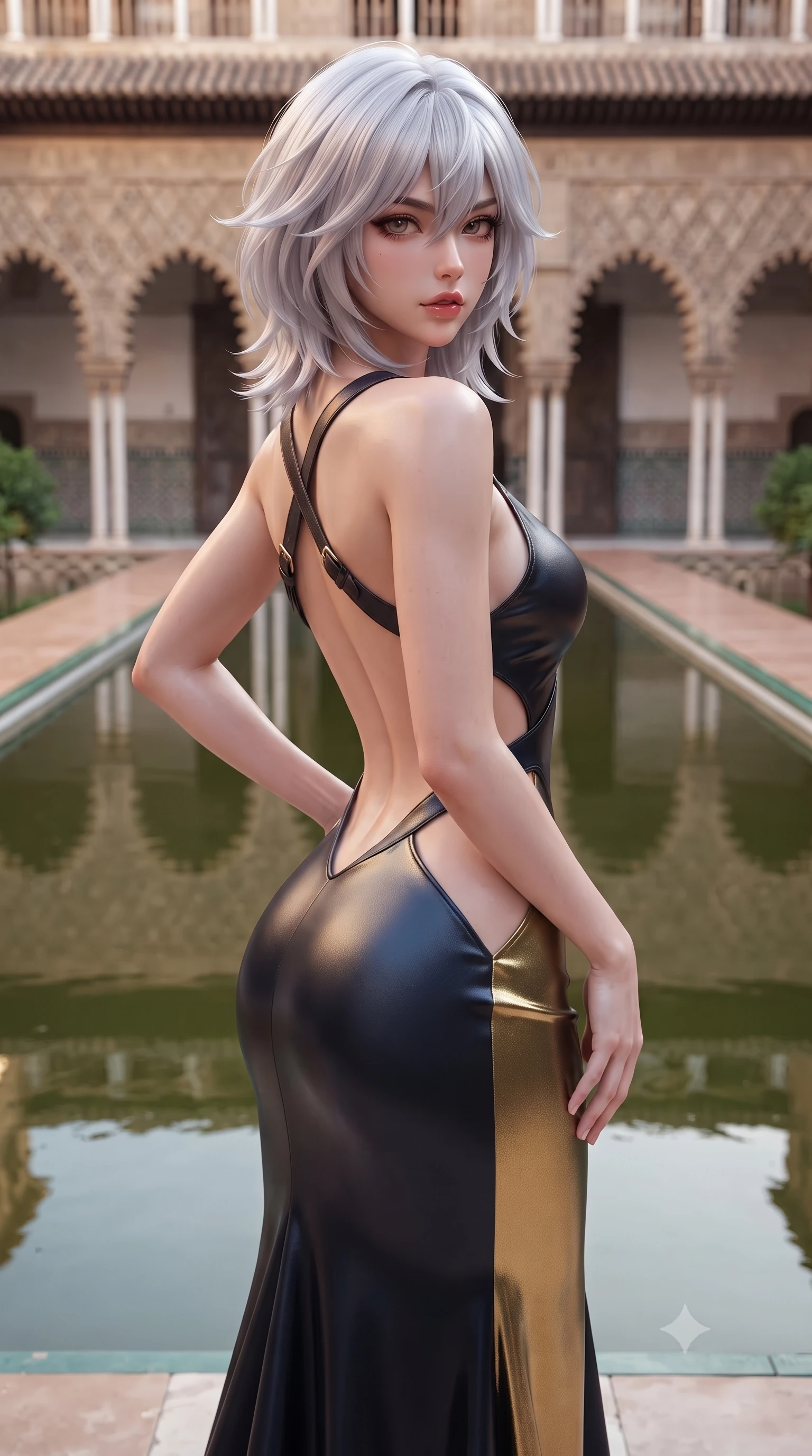 score_9, masterpiece, best quality, ultra-detailed, high-budget anime keyframe, semi-realistic 3D game render, editorial fashion photography, tasteful artistic composition, Japanese woman. close-up cowboy shot from the waist and thighs up, the character dominates the composition, filling the frame with her large presence. posing in an alluring rear three-quarter angle, arching her lower back in a pronounced S-curve with one hand on her hip, glancing seductively over her bare shoulder with parted glossy lips while standing at the edge of the long sunken reflecting pool, arching her lower back as multi-lobed Moorish plaster arches reflect in mirror-still water. The surrounding environment is rendered in vivid detail and crisp panoramic clarity. detailed silk dress drape, warm evening sun glints on skin, and Alcázar colonnade clarity in high resolution. She has an exceptionally elegant, slender, and willowy female figure with an ultra-slim waist, flat toned midriff, narrow ribcage, and sculpted feminine hips creating an alluring, slim hourglass silhouette without bulk. sharp v-shaped jawline, high-bridge nose, intricate jewel-like eyes with depth, thick eyelashes, glossy parted lips with a natural sheen, intensely captivating and seductive bedroom-eyes expression, flawlessly proportioned anatomical accuracy, strict slender model proportions, natural body alignment, perfectly sculpted long slender limbs, ultra-slim waistline, clean dynamic posture without body distortion. wearing a sculptured liquid-satin mermaid gown with an architectural open-waist cutout and bare spine in midnight obsidian black and liquid gold, crafted from luxurious metallic lamé that shifts radiance with every step, featuring an open-back criss-cross harness strap in dark leather, the second-skin form-contouring cut accentuating her sculpted flat midriff, narrow delicate ribcage, and gracefully curvy hips with supermodel precision. illuminated by soft specular water reflections sharply sculpting her razor-sharp jawline, narrow waist, and curvy hips. highly saturated vibrant anime colors, detailed shading with soft gradients, rich glossy textures, high-contrast stereoscopic depth, volumetric dynamic lighting, master piece, 9:16 ratio