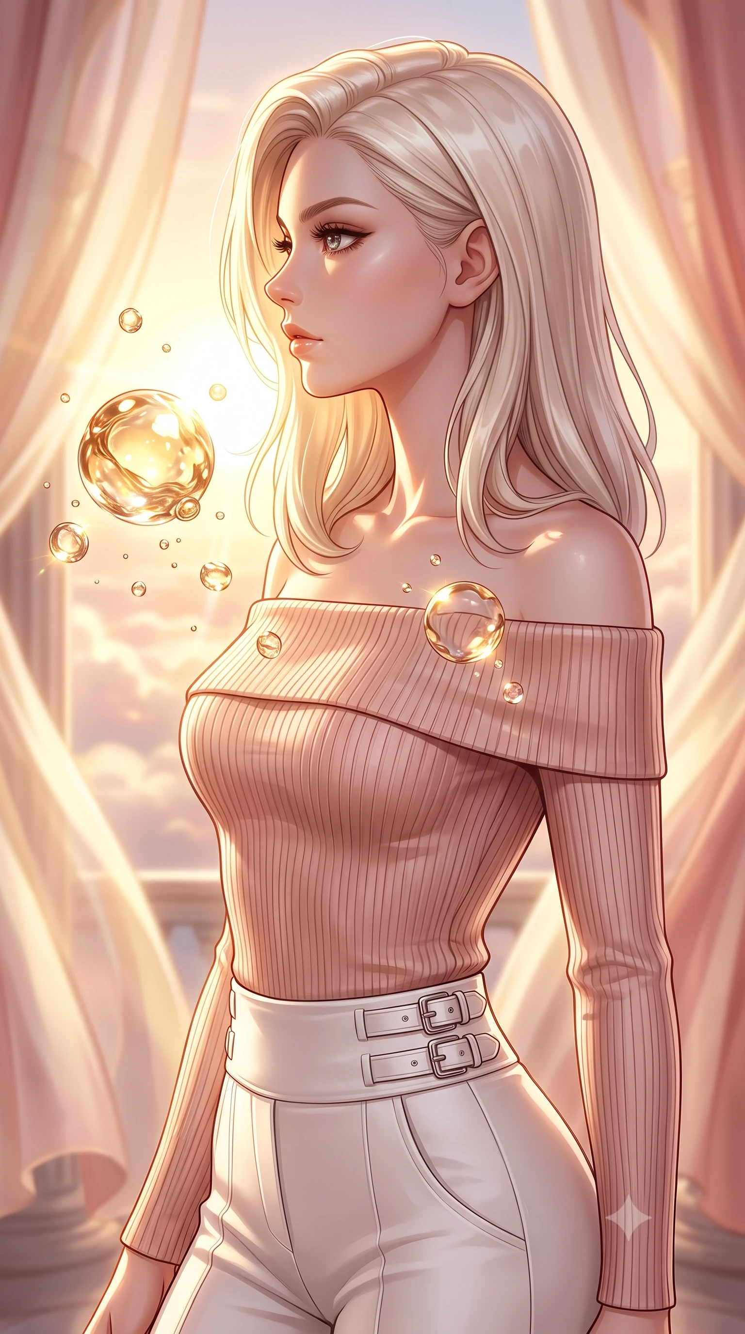 score_9, masterpiece, best quality, ultra-detailed, high-budget anime keyframe, editorial fashion photography, tasteful artistic composition, Caucasian woman. close-up cowboy shot from the waist and thighs up, the character dominates the composition, filling the frame with her large presence, background elements kept in soft focus. Turning her face in sharp dramatic profile against the bright light, showcasing her sharp v-shaped jawline interacting with floating golden water Orbs in a cloudtop palace court, translucent silk curtains drifting lazily in a warm sky breeze. She has an exceptionally elegant, slender, and willowy female figure with an ultra-slim waist, a gracefully sculpted slender torso, and a refined silhouette. sharp v-shaped jawline, high-bridge nose, intricate jewel-like eyes with depth, thick eyelashes, glossy lips with a natural sheen. wearing a sleek off-shoulder ribbed knit top paired with high-waist tailored pants in pearl white and rose gold, formed from sleek second-skin neoprene, detailed with polished silver buckles along the waistline, the elegant draped fit framing her graceful clavicle and slender torso. bathed in glorious golden hour sunbeams and warm rose-gold ambient light. highly saturated vibrant anime colors, detailed shading with soft gradients, rich glossy textures, high-contrast stereoscopic depth, volumetric dynamic lighting, master piece, 9:16 ratio