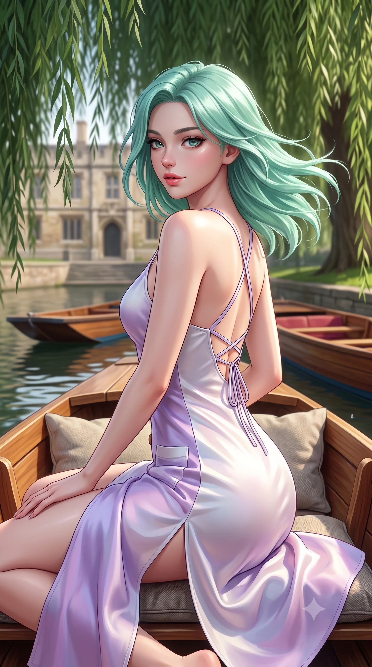 score_9, masterpiece, best quality, ultra-detailed, high-budget anime keyframe, semi-realistic 3D game render, editorial fashion photography, tasteful artistic composition, Japanese woman. close-up cowboy shot from the waist and thighs up, the character dominates the composition, filling the frame with her large presence. turning playfully with a bright confident smile, her glossy hair tossing in the breeze as her hips angle gracefully in a captivating contrapposto while sitting on the wooden punting boat cushions moored beneath weeping willows, looking over her shoulder with enchanting, playful bedroom-eyes. The composition keeps background elements in soft focus with dreamy creamy bokeh. wooden punting boats and historic stone quads softened in nostalgic collegiate shallow focus. She has an exceptionally elegant, slender, and willowy female figure with an ultra-slim waist, flat toned midriff, narrow ribcage, and sculpted feminine hips creating an alluring, slim hourglass silhouette without bulk. sharp v-shaped jawline, high-bridge nose, intricate jewel-like sparkling eyes with depth, thick eyelashes, glossy parted lips with a natural peach sheen, bright cheerful beaming smile with an enchanting and coquettish sensual glint, exuding both youthful cute charm and seductive allure, flawlessly proportioned anatomical accuracy, strict slender model proportions, natural body alignment, perfectly sculpted long slender limbs, ultra-slim waistline, clean dynamic posture without body distortion. wearing a breezy silk-satin slip dress featuring a thigh-high side slit ascending to the high hip and criss-cross back straps in delicate lavender violet and pearlescent white, woven from layered gossamer organza with weightless flutter, finished with neat front wooden buttons and delicate pocket details, the form-fitting cut adhering flawlessly to her sculpted flat midriff and slender torso, emphasizing her long leg lines and perfectly proportioned willowy build. illuminated by calm river water specular reflections accentuating her sculpted collarbones, ultra-slim waist, and curvy hips. highly saturated vibrant anime colors, detailed shading with soft gradients, rich glossy textures, high-contrast stereoscopic depth, volumetric dynamic lighting, master piece, 9:16 ratio
