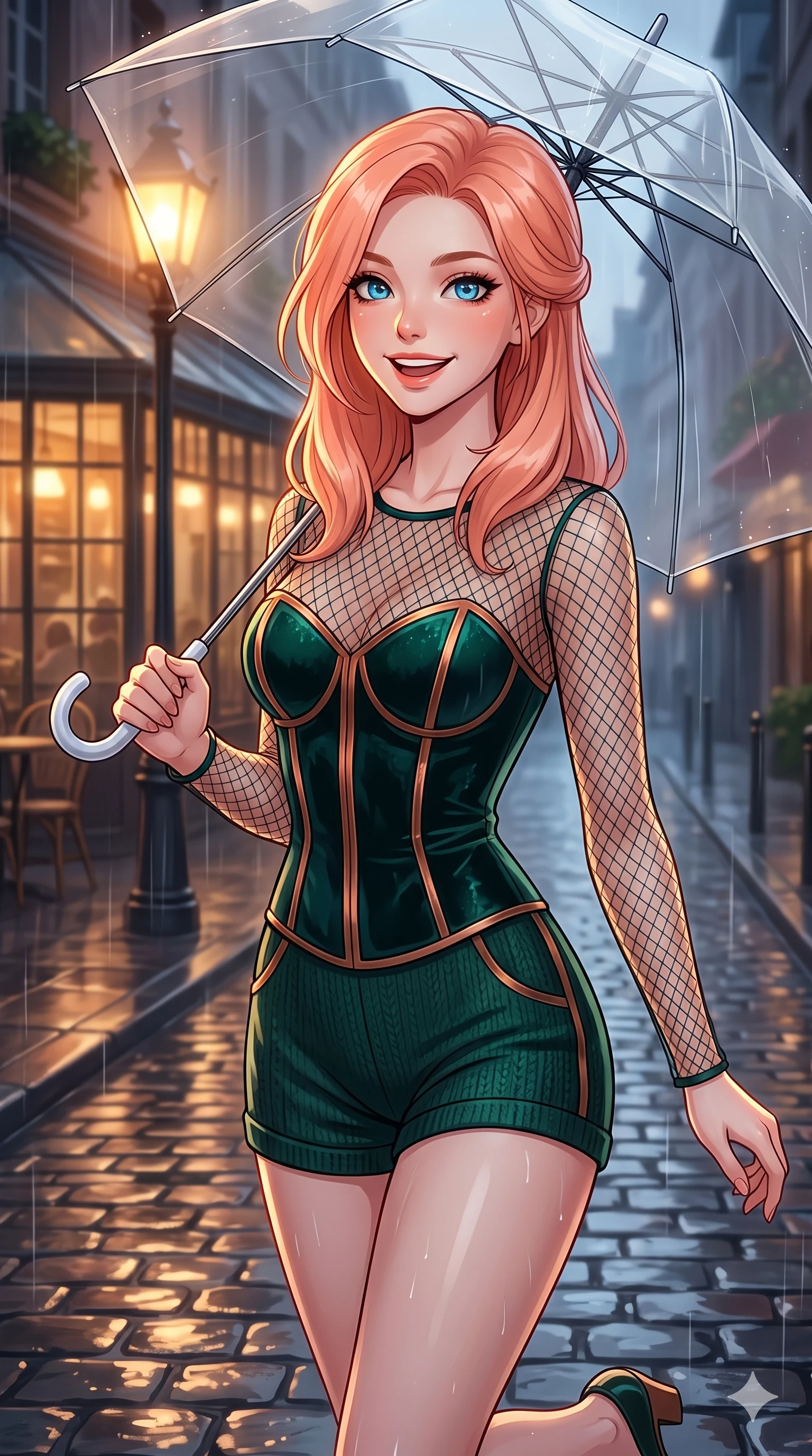 score_9, masterpiece, best quality, ultra-detailed, high-budget anime keyframe, vibrant anime aesthetic, Japanese woman. close-up cowboy shot from the waist and thighs up, the character dominates the composition, filling the frame with her large presence, background elements kept in soft focus. She is posing with a bright, energetic grin, her eyes glowing with energy, with her eyes bright and full of life with a lively, expressive stance. the background shows a soft-focus rain-slicked cobblestone street under a warm glowing gaslight, holding a clear umbrella (Code-P22-152). She has an absolutely perfect proportion, an exceptionally elegant and slender female figure with an ultra-slim waist. V-shaped jawline, high-bridge nose, intricate jewel-like eyes with depth, thick eyelashes, glossy lips with a natural sheen. wearing a delicate mesh overlay worn over a structured velvet bodice and knit shorts in dark emerald and copper details. She is drenched in soft, diffused light of a rainy afternoon, creating clean outlines, accentuating her slender silhouette inside the retro conservatory cafe. 2k, ultra detail, master piece, 9:16 ratio