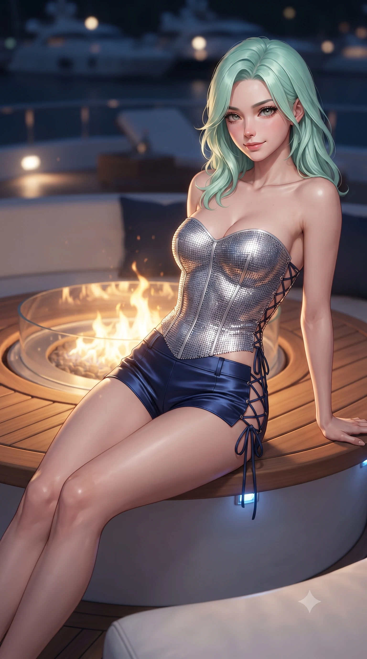 score_9, masterpiece, best quality, ultra-detailed, high-budget anime keyframe, editorial fashion photography, tasteful artistic composition, Japanese woman. close-up cowboy shot from the waist and thighs up, the character dominates the composition, filling the frame with her large presence. tilting her head with a teasing half-smile, running one hand slowly down the side of her hip in a flirtatious S-curve as ambient light caresses her silhouette while lounging in the circular recessed teak cockpit with legs extended, arching her spine with effortless supermodel poise beside the glowing fire table. The background shows a soft-focus recessed LED deck lighting softened in exclusive nocturnal nautical shallow focus. She has an exceptionally elegant, slender, and willowy female figure with an ultra-slim waist, flat toned midriff, narrow ribcage, and sculpted feminine hips creating an alluring, slim hourglass silhouette without bulk. sharp v-shaped jawline, high-bridge nose, sparkling eyes with hypnotic seductive depth, thick curled eyelashes, glossy parted lips with a natural dewy peach sheen, alluring bedroom-eyes with an enchanting coquettish smile, exuding magnetic siren charisma and sophisticated glamour, flawlessly proportioned anatomical accuracy, strict slender model proportions, natural body alignment, perfectly sculpted long slender limbs, ultra-slim waistline, clean dynamic posture without body distortion. wearing a strapless boned satin corset bodice paired with low-waisted tailored satin hot-pants in molten liquid silver and deep sapphire navy, crafted from shimmering fluid chainmail mesh reflecting ambient lights, featuring fine criss-cross lace-up side ties revealing tantalizing glimpses of her hip curve, the second-skin tailored fabric adhering flawlessly to her sculpted flat midriff and slender torso, emphasizing her long leg lines and perfectly proportioned willowy build. bathed in the warm dancing glow of the central fire table combined with subtle blue deck courtesy lights. ultra-reflective glossy finish, specular highlights, rich textural contrasts, high-contrast stereoscopic depth, volumetric dynamic lighting, 2k, ultra detail, master piece, 9:16 ratio