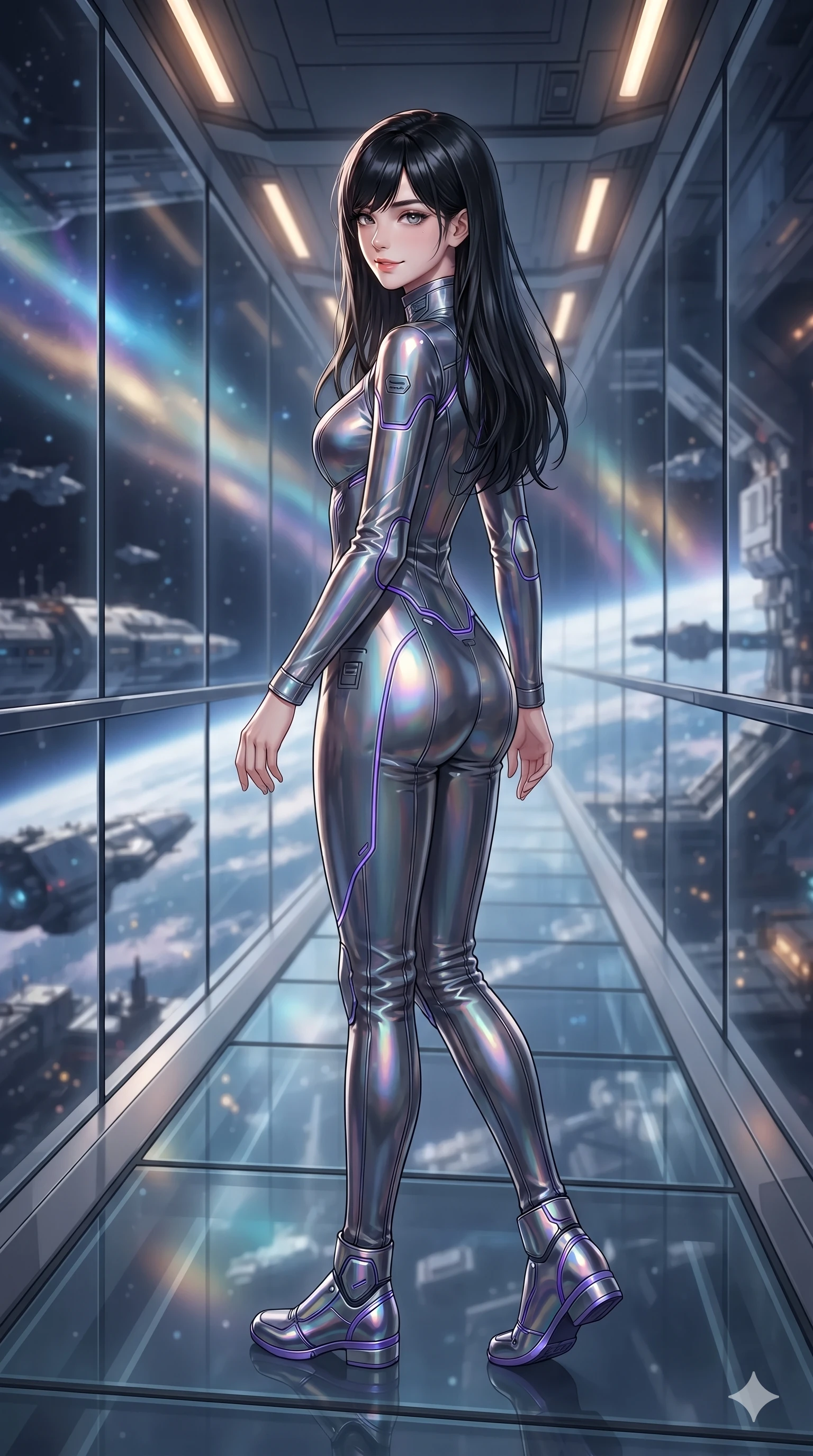 score_9, masterpiece, best quality, ultra-detailed, high-budget anime keyframe, editorial fashion photography, tasteful artistic composition, Caucasian woman. low angle full-body shot from head to toe showing her feet, filling the entire 9:16 vertical frame with her statuesque presence, stretching her vertical silhouette. walking slowly along the transparent glass skybridge, looking back over her shoulder with an air of effortless grace and an alluring, smoldering smile while standing poised on the panoramic observation gantry, arching her lower back with sovereign supermodel poise as a collimated relativistic plasma jet erupts from the singularity core. The background shows a soft-focus cosmic ray atmospheric ionization softened in orbital station bay shallow focus. She has an absolutely perfect, statuesque 8.5-heads proportion, an exceptionally tall and slender model-like female figure with impossibly long slender legs, an ultra-slim waist, a flat toned midriff, narrow delicate ribcage, and beautifully sculpted feminine hips creating a graceful, slim hourglass silhouette without any bulky heaviness. sharp v-shaped jawline, high-bridge nose, intricate jewel-like sparkling eyes with depth, thick eyelashes, glossy parted lips with a natural sheen, bright confident smile with an enchanting and coquettish sensual glint, exuding both youthful magnetic charm and sovereign high-tech allure, flawlessly proportioned anatomical accuracy, strict slender model proportions, natural body alignment, perfectly sculpted long slender limbs, ultra-slim waistline, clean dynamic posture without body distortion. wearing a refined long-sleeve high-collar flight jumpsuit crafted with ergonomic pressure-sealed seams in iridescent dark chrome and holographic violet, made of flexible bullet-resistant ballistic microfiber with high-tensile strength, accented with strategically placed chrome armor plate guards covering key curves, the impeccably tailored cut draping gracefully along her slender figure with aristocratic poise. bathed in the blinding, pure violet and electric blue illumination of the relativistic jet mixed with warm interior ambient lighting. ultra-reflective glossy finish, specular highlights, rich textural contrasts, high-contrast stereoscopic depth, volumetric dynamic lighting, 2k, ultra detail, master piece, 9:16 ratio