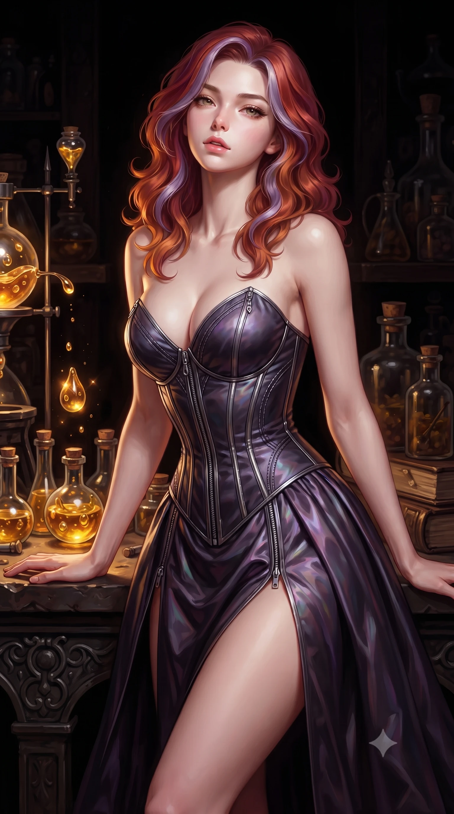 score_9, masterpiece, best quality, ultra-detailed, high-budget anime keyframe, editorial fashion photography, tasteful artistic composition, Caucasian woman. close-up cowboy shot from the waist and thighs up, the character dominates the composition, filling the frame with her large presence, background elements kept in soft focus. Tilting her chin up slightly with lips parted in a composed, mysterious expression, resting against an antique dark iron workbench filled with alchemy vials, viscous golden liquid droplets frozen mid-air with warm specular glints. She has an exceptionally elegant, slender, and willowy female figure with an ultra-slim waist, a gracefully sculpted slender torso, and a refined silhouette. sharp v-shaped jawline, high-bridge nose, intricate jewel-like eyes with depth, thick eyelashes, glossy lips with a natural sheen. wearing low-cut gothic structured bodice gown with high leg slit in smoky pitch black, made of iridescent dark violet taffeta, finished with metallic silver boning and sleek zipper points, the fitted fabric emphasizing her ultra-slim waist. surrounded by pitch-black shadows illuminated by intense golden inner light. highly saturated vibrant anime colors, detailed shading with soft gradients, rich glossy textures, high-contrast stereoscopic depth, volumetric dynamic lighting, master piece, 9:16 ratio