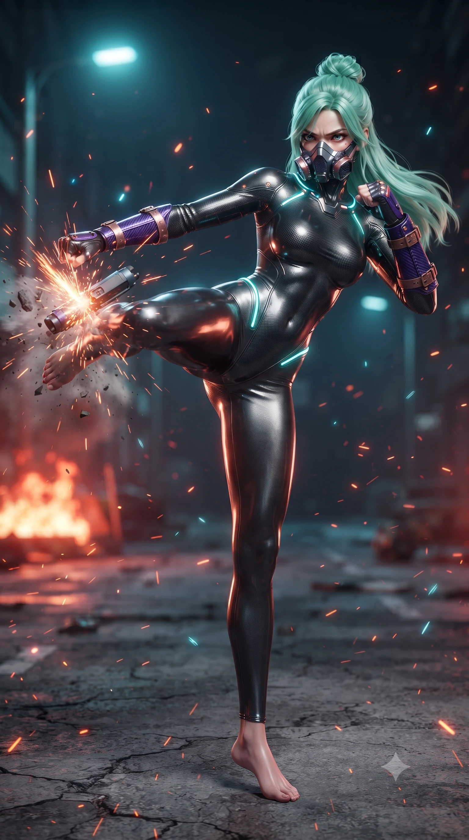 score_9, masterpiece, best quality, ultra-detailed, high-budget anime keyframe, editorial fashion photography, tasteful artistic composition, Japanese woman. low angle full-body shot from head to toe showing her feet, filling the entire 9:16 vertical frame with her statuesque presence, stretching her vertical silhouette. pivoting dynamically in a high-speed low sweep kick along the cracked concrete, her athletic torso and ultra-slim waist twisting in a fluid arc of power while delivering a sweeping roundhouse kick that deflects an incoming kinetic projectile with thunderous impact. The composition keeps background elements in soft focus with creamy bokeh. drifting fire embers and holographic HUD motes scattering radiant glints across a dark urban warzone. She has an absolutely perfect, statuesque 8.5-heads proportion, an exceptionally tall and slender model-like female figure with impossibly long slender legs, a toned flat midriff, and an ultra-slim waist. sharp v-shaped jawline, high-bridge nose, intricate jewel-like eyes with depth, thick eyelashes, glossy lips with a natural sheen, fierce and resolute heroine expression, flawlessly proportioned anatomical accuracy, strict slender model proportions, natural body alignment, perfectly sculpted long slender limbs, ultra-slim waistline, clean dynamic posture without body distortion. wearing a sleek titanium half-face combat rebreather guard protecting her lower jaw while leaving her expressive eyes and long hair flowing freely, paired with a skin-tight dark carbon-weave combat bodysuit with glowing neon energy conduits and reinforced Damascus-pattern forearm strike guards in royal purple carbon fiber with distressed rose-gold hardware and buckles, made of liquid carbon-jersey fabric accentuating every curve of her tall, slender model proportions, accented with glowing fiber-optic telemetry conduits tracing her collarbones and hip curves, the liquid-tight tailored fabric emphasizing every curve of her tall, slender model proportions and sculptured silhouette during dynamic movement. bathed in blazing crimson barricade fire glow and high-contrast electric cyan streetlamp rim lights. ultra-reflective glossy finish, specular highlights, dark metallic sheen, high-contrast stereoscopic depth, volumetric dynamic lighting, 2k, ultra detail, master piece, 9:16 ratio