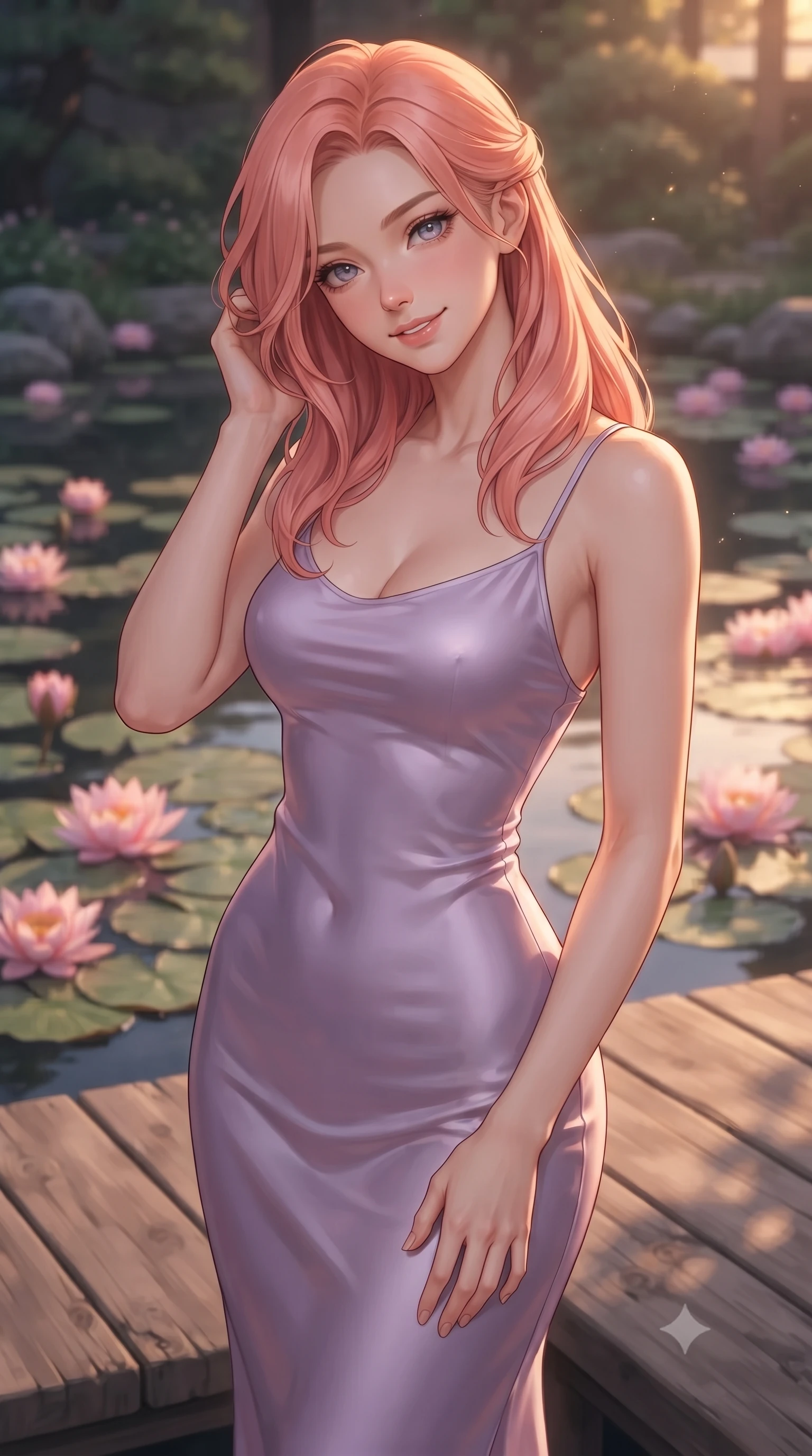 score_9, masterpiece, best quality, ultra-detailed, high-budget anime keyframe, editorial fashion photography, tasteful artistic composition, Japanese woman woman. close-up cowboy shot from the waist and thighs up, the character dominates the composition, filling the frame with her large presence, background elements kept in soft focus. tilting her head slightly with a gentle, friendly smile under the warm sun the background shows a soft-focus a wooden deck overlooking a calm pond filled with blooming pink water lilies. She has an exceptionally elegant, slender, and willowy female figure with an ultra-slim waist, a gracefully sculpted slender torso, and a refined silhouette. sharp v-shaped jawline, high-bridge nose, intricate jewel-like eyes with depth, thick eyelashes, glossy lips with a natural sheen. wearing a slim-fit form-contouring lavender silk slip dress that hugs her slender waist and hips. soft twilight glow reflecting on the still water surface. ultra-reflective glossy finish, specular highlights, metallic sheen, high-contrast stereoscopic depth, volumetric dynamic lighting, 2k, ultra detail, master piece, 9:16 ratio