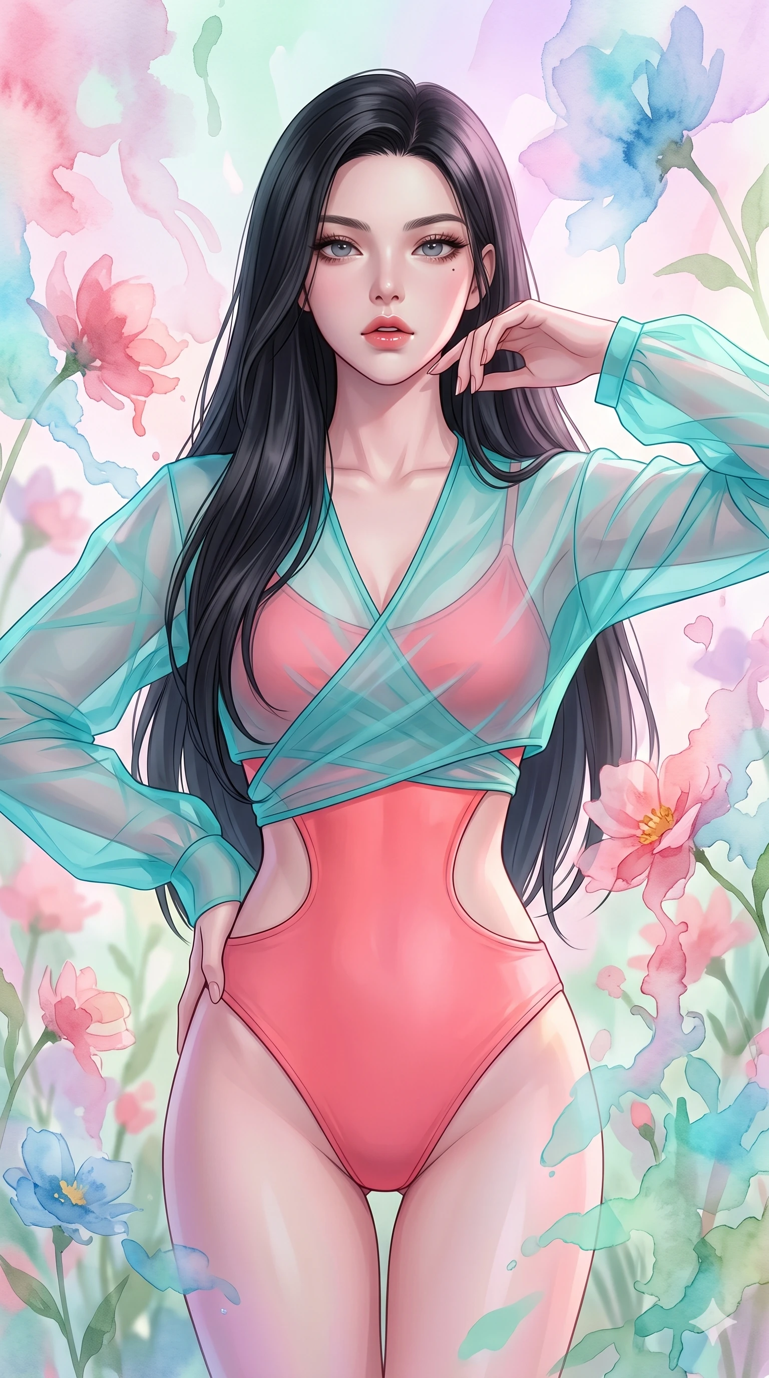 score_9, masterpiece, best quality, ultra-detailed, high-budget anime keyframe, editorial fashion photography, tasteful artistic composition, Korean woman. close-up cowboy shot from the waist and thighs up, the character dominates the composition, filling the frame with her large presence, background elements kept in soft focus. Looking directly at the camera with a bold fearless expression and parted lips. set against a soft-focus background of a dreamlike garden where watercolor paint flows in real-time through the air, flowers dissolving into liquid pigment strokes that drift and bloom in pastel washes of rose, cerulean, and mint. She has an exceptionally elegant and slender, willowy female figure with an ultra-slim waist, a gracefully sculpted slender torso, and a refined slim physique. sharp v-shaped jawline, high-bridge nose, intricate jewel-like eyes with depth, thick eyelashes, glossy lips with a natural sheen. wearing a vibrant coral pink bodysuit with a dramatic architectural open-waist cutout, layered naturally under a sheer turquoise organza wrap shrug to accent her slender waist. soft diffused natural light filtering through layers of translucent watercolor washes casting gentle pastel pink lavender and mint green ambient glow. 2k, ultra detail, master piece, 9:16 ratio