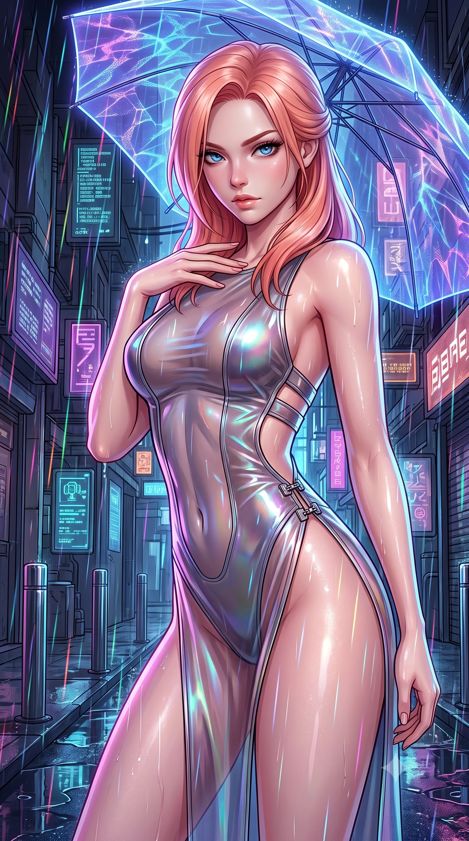 score_9, masterpiece, best quality, ultra-detailed, high-budget anime keyframe, semi-realistic 3D game render, editorial fashion photography, tasteful artistic composition, Japanese woman. close-up cowboy shot from the waist and thighs up, the character dominates the composition, filling the frame with her large presence. leaning forward with a dangerous, enticing smolder, resting one hand near her collarbone while casting a fiery, magnetic direct gaze while pausing beneath a glowing holographic umbrella as neon rain streams down her form-contouring outfit. The surrounding environment is rendered in vivid detail and crisp panoramic clarity. intricate cyber-alley architecture, glowing data glyphs, and chrome pillar reflections in high clarity. She has an exceptionally elegant, slender, and willowy female figure with an ultra-slim waist, a gracefully sculpted slender torso, and a refined silhouette. sharp v-shaped jawline, high-bridge nose, intricate jewel-like eyes with depth, thick eyelashes, glossy lips with a natural sheen, flawlessly proportioned anatomical accuracy, natural body alignment, perfectly sculpted elegant limbs, clean dynamic posture without body distortion. wearing a high-cut translucent vinyl leotard with front paneling, exposed side-rib cutouts, and an open back in translucent smoky quartz and iridescent holographic sheen, made of liquid metal jersey that clings flawlessly to every contour of her build, finished with an ultra-high side slit secured by miniature magnetic clasps, the form-contouring second-skin material highlighting her ultra-slim waist and long lines. illuminated by glistening rain highlights and high-contrast editorial flash lighting. highly saturated vibrant anime colors, detailed shading with soft gradients, rich glossy textures, high-contrast stereoscopic depth, volumetric dynamic lighting, master piece, 9:16 ratio