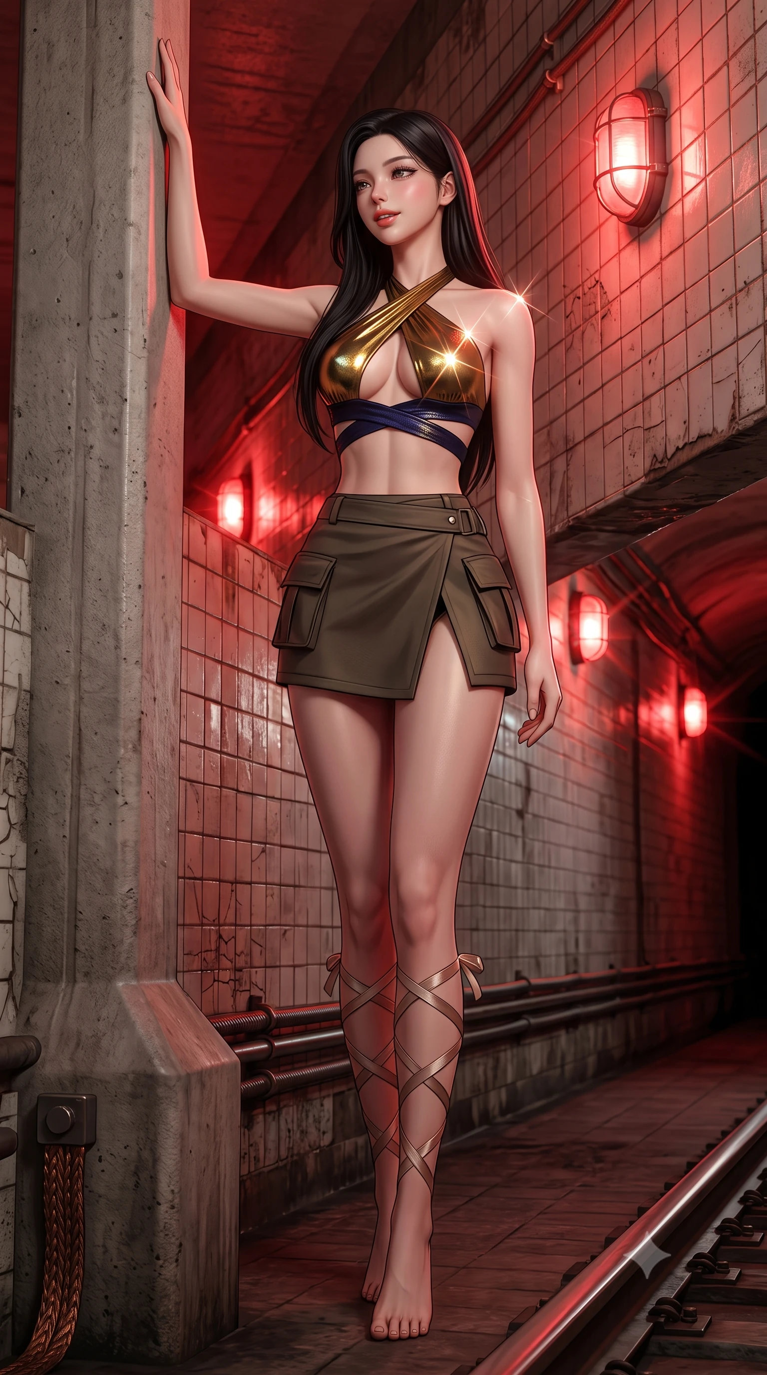 score_9, masterpiece, best quality, ultra-detailed, high-budget anime keyframe, semi-realistic 3D game render, editorial fashion photography, tasteful artistic composition, Korean woman. low angle full-body shot from head to toe showing her feet, filling the entire 9:16 vertical frame with her statuesque presence, stretching her vertical silhouette. standing tall beside the architectural column, one hand resting high while arching her lower back to emphasize her sculpted feminine hips and slender waist while leaning against the weathered tiled tunnel wall with hips cocked back, looking into the darkness with an alluring, parted-lip smile. The surrounding environment is rendered in vivid detail and crisp panoramic clarity: sharp ceramic subway wall tile crazing, steel rail sheen, and braided conduit copper ground straps in deep focus. She has an absolutely perfect, statuesque 8.5-heads proportion, an exceptionally tall and slender model-like female figure with impossibly long slender legs, an ultra-slim waist, a flat toned midriff, narrow delicate ribcage, and beautifully sculpted feminine hips creating a graceful, slim hourglass silhouette without any bulky heaviness. sharp v-shaped jawline, high-bridge nose, sparkling eyes with hypnotic seductive depth, thick curled eyelashes, glossy parted lips with a natural dewy peach sheen, alluring bedroom-eyes with an enchanting coquettish smile, exuding magnetic siren charisma and sophisticated glamour, flawlessly proportioned anatomical accuracy, strict slender model proportions, natural body alignment, perfectly sculpted long slender limbs, ultra-slim waistline, clean dynamic posture without body distortion. wearing a high-waisted tactical wrap mini skirt with dual utility pockets paired with a plunging criss-cross halter sports top in molten liquid gold and midnight indigo, woven from stretch metallic lurex jersey casting radiant starlight glints across her silhouette, finished with delicate satin ballet ribbon ties criss-crossing up her slender calves to the knee, the high-slit wrap tailoring accentuating her ultra-slim waistline and the enchanting curve of her feminine hips with alluring seductive charm. bathed in rhythmic crimson strobe glow from industrial bulkhead wall fixtures. highly saturated vibrant anime colors, detailed shading with soft gradients, rich glossy textures, high-contrast stereoscopic depth, volumetric dynamic lighting, master piece, 9:16 ratio