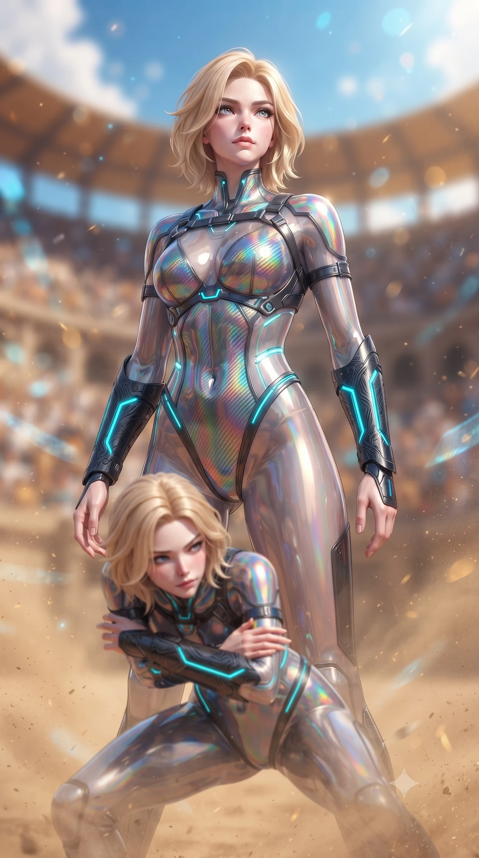 score_9, masterpiece, best quality, ultra-detailed, high-budget anime keyframe, editorial fashion photography, tasteful artistic composition, Caucasian woman. close-up cowboy shot from the waist and thighs up, the character dominates the composition, filling the frame with her large presence. shifting into a low cat-stance with arms crossed defensively, glowing energy conduits tracing her ultra-slim waist and sculpted clavicle while standing victorious in the center of the arena with arms at her sides, looking up into the grandstands with regal poise. The composition keeps background elements in soft focus with creamy bokeh. holographic colosseum spectator galleries and swirling sand dust blurred into rich golden amber and sky-blue bokeh. She has an exceptionally elegant, slender, and willowy female figure with an ultra-slim waist, a gracefully sculpted slender torso, toned flat midriff, and a refined slim silhouette. sharp v-shaped jawline, high-bridge nose, intricate jewel-like eyes with depth, thick eyelashes, glossy lips with a natural sheen, flawlessly proportioned anatomical accuracy, strict slender model proportions, natural body alignment, perfectly sculpted long slender limbs, ultra-slim waistline, clean dynamic posture without body distortion. wearing a high-gloss iridescent rainbow carbon-weave bodysuit with translucent cybernetic panels and Damascus-steel forearm bracers in matte obsidian carbon black with electric cyan conduits, formed from high-gloss patent carbon-plating with specular chiaroscuro reflections, reinforced by a sleek titanium kinetic harness and glowing micro-energy straps, the form-contouring material adhering flawlessly to her sculpted flat midriff and slender torso, emphasizing her long leg lines and perfectly proportioned willowy build. surrounded by a glorious, invincible, and fiercely captivating cyber-gladiator empress aura. ultra-reflective glossy finish, specular highlights, dark metallic sheen, high-contrast stereoscopic depth, volumetric dynamic lighting, 2k, ultra detail, master piece, 9:16 ratio