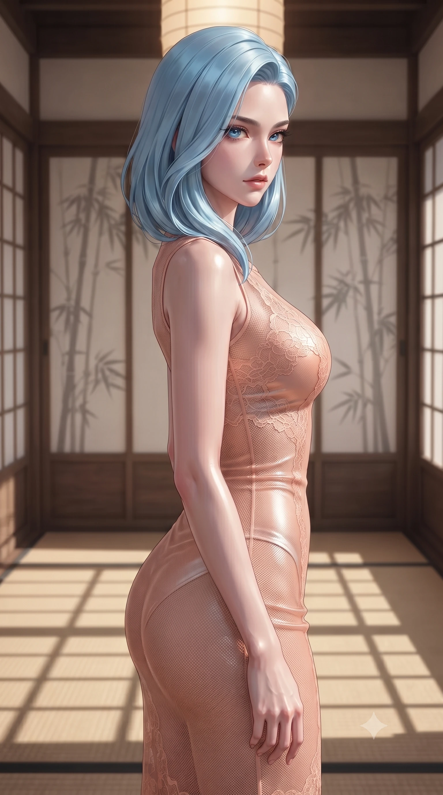 score_9, masterpiece, best quality, ultra-detailed, high-budget anime keyframe, editorial fashion photography, tasteful artistic composition, Korean woman. close-up cowboy shot from the waist and thighs up, the character dominates the composition, filling the frame with her large presence, background elements kept in soft focus. turning her face in sharp profile, casting a cold, mysterious, yet intensely alluring side gaze, the background shows a soft-focus a traditional paper screen corridor with sliding doors showing bamboo silhouettes. She has an exceptionally elegant, slender, and willowy female figure with an ultra-slim waist, a gracefully sculpted slender torso, and a refined silhouette. sharp v-shaped jawline, high-bridge nose, intricate jewel-like eyes with depth, thick eyelashes, glossy lips with a natural sheen. wearing a tailored semi-transparent mesh dress in peach, contouring her slender silhouette with delicate lace detailing. warm paper lanterns casting soft, diffused grid-like shadow lines on the tatami. ultra-reflective glossy finish, specular highlights, metallic sheen, high-contrast stereoscopic depth, volumetric dynamic lighting, 2k, ultra detail, master piece, 9:16 ratio