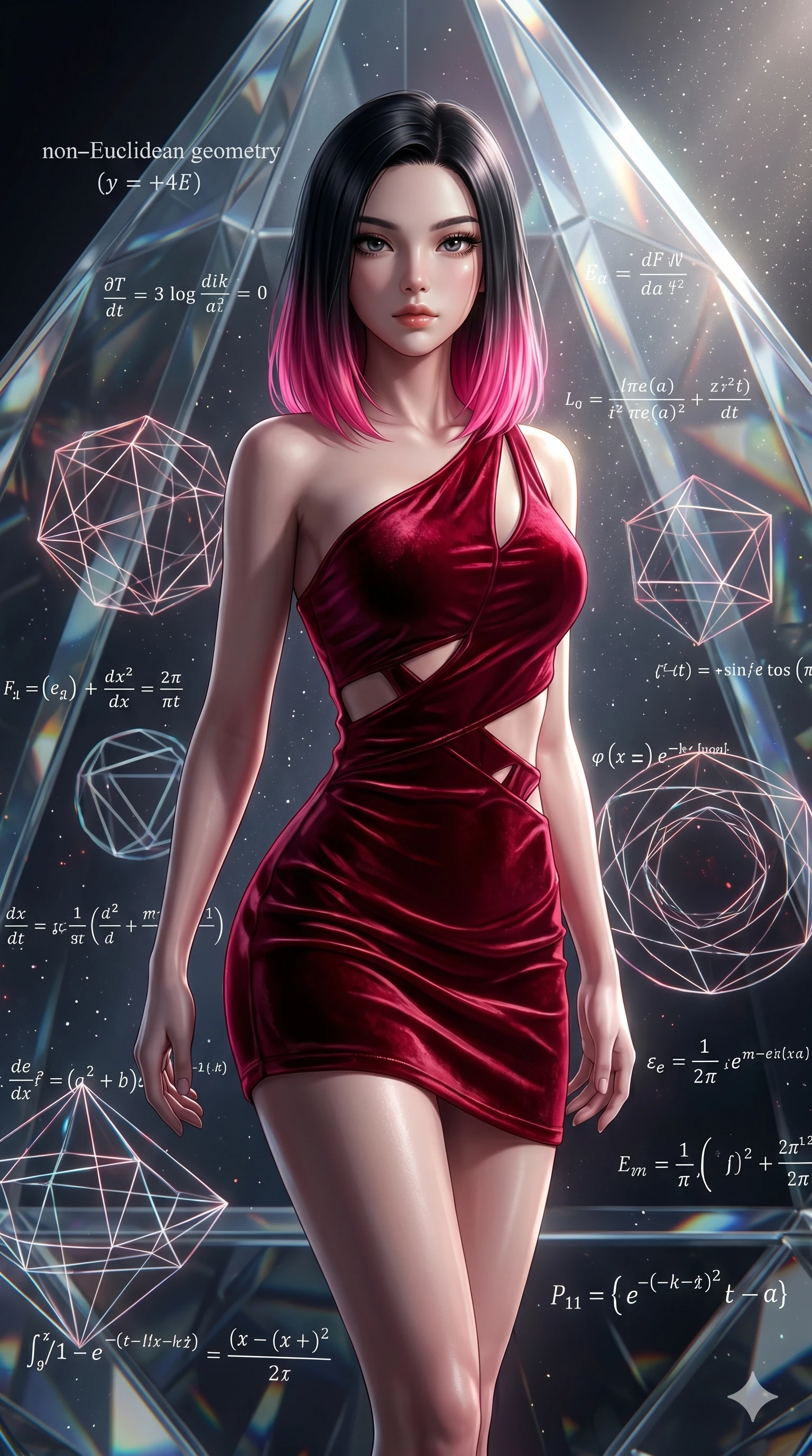 score_9, masterpiece, best quality, ultra-detailed, high-budget anime keyframe, editorial fashion photography, tasteful artistic composition, Korean woman. upper body close-up from the thighs up, character filling the screen for maximum presence. swirling in a vortex of inside a geometric glass pyramid surrounded by floating mathematical equations while floating geometrical wireframes rotate and pulse in synch. She has an absolutely perfect 8-heads proportion, an exceptionally tall and slender female figure with impossibly long slender legs and an ultra-slim waist. V-shaped jawline, high-bridge nose, intricate jewel-like eyes with depth, thick eyelashes, glossy lips with a natural sheen.. wearing an asymmetric liquid velvet slip dress, featuring a wet-look deep crimson red velvet one-shoulder mini slip with asymmetric geometric cutout trim. illuminated by dramatic chiaroscuro casting soft shadows along her curves, with vibrant backlighting highlighting the dust particles. 2k, ultra detail, master piece, 9:16 ratio