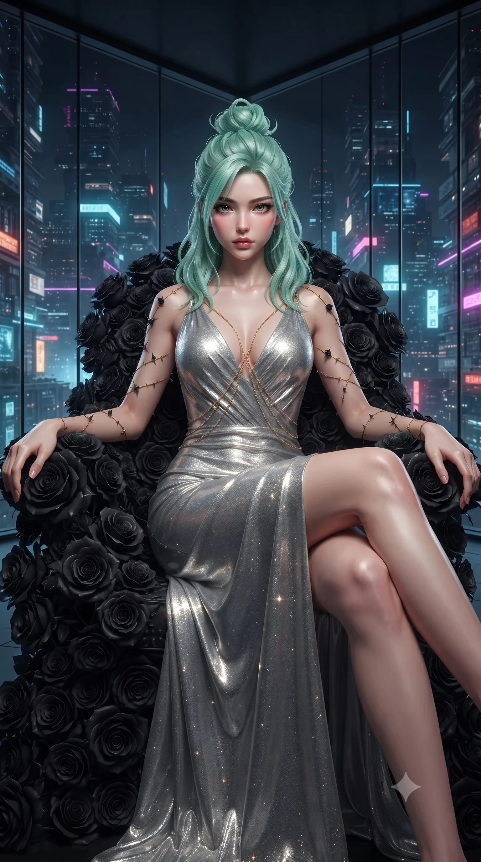 score_9, masterpiece, best quality, ultra-detailed, High-budget Anime Keyframe, editorial fashion photography, tasteful artistic composition, realistic cosplay photography, East Asian woman. Low angle cowboy shot filling the entire 9:16 frame with her statuesque presence. Scenario 478: resting on a throne of black roses, thorns grazing her skin, in a luxury penthouse with floor-to-ceiling glass walls overlooking a neon grid. Her presence is magnetic and overpowering in this high-budget cinematic scene. Outfit 478: a body-hugging liquid silver shimmering chiffon slip dress featuring an elegant plunging collar and fine gold chains. The clothing is designed to emphasize her exceptionally tall and slender 8-heads proportion. 8-heads proportion, towering silhouette, ultra-slim waist. sharp v-shaped jawline, intricate jewel-like eyes with depth, thick eyelashes, glossy lips. ultra-reflective glossy finish, specular highlights, metallic sheen, high-contrast stereoscopic depth, volumetric dynamic lighting, 2k, ultra detail, master piece, 9:16 ratio