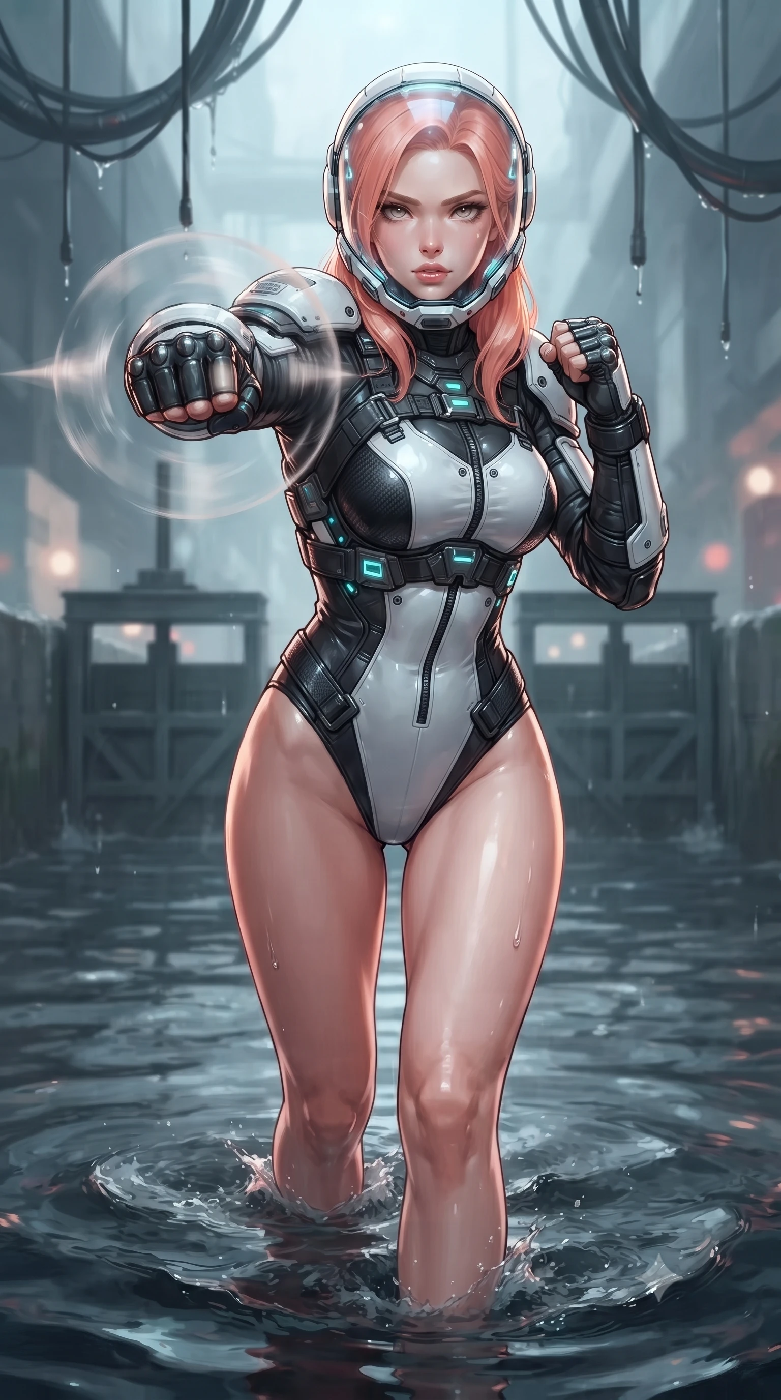 score_9, masterpiece, best quality, ultra-detailed, high-budget anime keyframe, editorial fashion photography, tasteful artistic composition, Japanese woman. close-up cowboy shot from the waist and thighs up, the character dominates the composition, filling the frame with her large presence. thrusting a high-speed kinetic punch toward the camera, a visible conical shockwave distortion wrapping around her armored forearm while striding through knee-deep dark water with unwavering momentum, her long slender legs and athletic torso cutting through the tide. The composition keeps background elements in soft focus with creamy bokeh. submerged industrial sluice gates and dripping overhead conduits softened in atmospheric shallow focus. She has an exceptionally elegant, slender, and willowy female figure with an ultra-slim waist, a gracefully sculpted slender torso, toned flat midriff, and a refined slim silhouette. sharp v-shaped jawline, high-bridge nose, intricate jewel-like eyes with depth, thick eyelashes, glossy lips with a natural sheen, fierce and resolute heroine expression, flawlessly proportioned anatomical accuracy, strict slender model proportions, natural body alignment, perfectly sculpted long slender limbs, ultra-slim waistline, clean dynamic posture without body distortion. wearing a crystal-clear transparent armored riot-visor helmet showing her entire beautiful face and determined expression with pristine clarity, paired with a heavy modular carbon-fiber combat cuirass paired with a second-skin tactical leotard and reinforced titanium shoulder pauldrons in monochrome white enamel carbon with high-contrast black tactical panels, crafted from ultra-strong woven carbon-fiber composite with battle-tested satin luster, reinforced by a heavy-duty titanium tactical harness and glowing micro-energy status straps, the form-contouring material adhering flawlessly to her sculpted flat midriff and slender torso, emphasizing her long leg lines and perfectly proportioned willowy build. illuminated by wet reflective highlights tracing her sculpted collarbones, waistline, and long slender legs. ultra-reflective glossy finish, specular highlights, dark metallic sheen, high-contrast stereoscopic depth, volumetric dynamic lighting, 2k, ultra detail, master piece, 9:16 ratio
