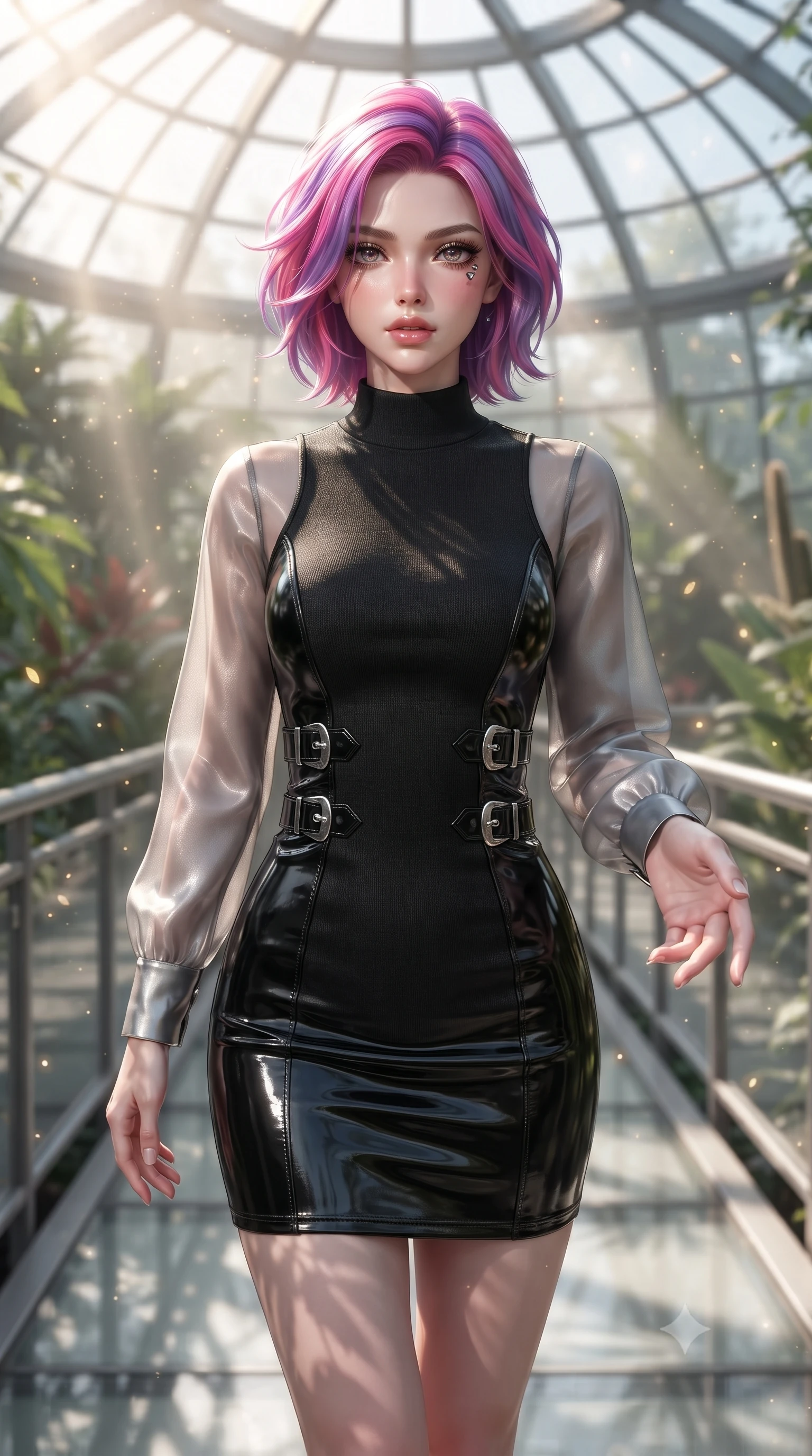 score_9, masterpiece, best quality, ultra-detailed, high-budget anime keyframe, editorial fashion photography, tasteful artistic composition, Caucasian woman. close-up cowboy shot from the waist and thighs up, the character dominates the composition, filling the frame with her large presence, background elements kept in soft focus. Reaching one hand gracefully toward the viewer with effortless superiority and allure walking along a platinum-framed glass walkway in a sunlit botanical dome, glowing pollen particles drifting gracefully around her form. She has an exceptionally elegant, slender, and willowy female figure with an ultra-slim waist, a gracefully sculpted slender torso, and a refined silhouette. sharp v-shaped jawline, high-bridge nose, intricate jewel-like eyes with depth, thick eyelashes, glossy lips with a natural sheen. wearing a sleek bodycon knit dress with sheer organza sleeve panels in matte black and polished silver, tailored from high-gloss patent leather, detailed with polished silver buckles along the waistline, the glove-like fit emphasizing her statuesque silhouette. illuminated by brilliant sunbeams casting organic leaf stencil shadows. ultra-reflective glossy finish, specular highlights, metallic sheen, high-contrast stereoscopic depth, volumetric dynamic lighting, 2k, ultra detail, master piece, 9:16 ratio