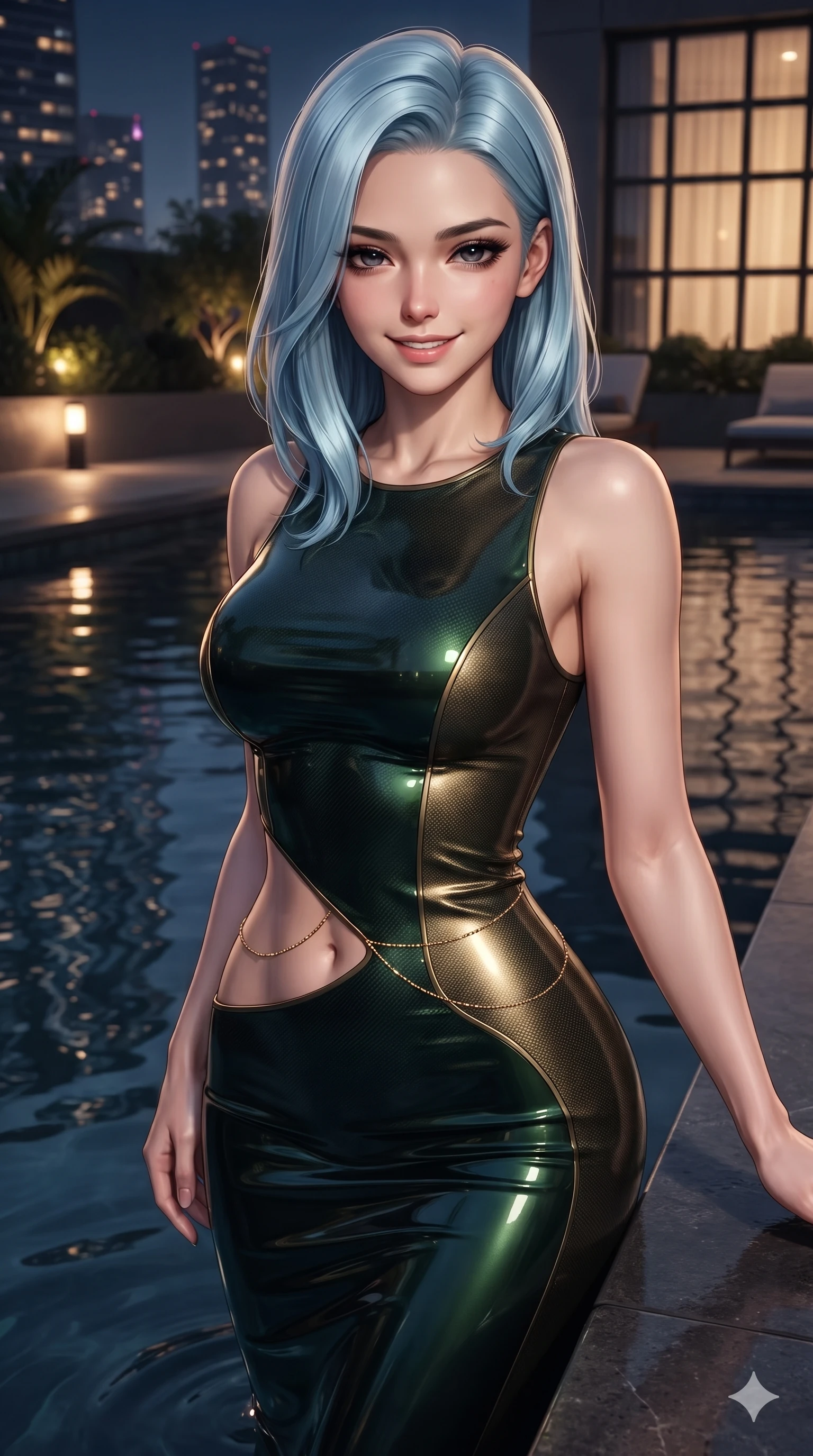 score_9, masterpiece, best quality, ultra-detailed, high-budget anime keyframe, editorial fashion photography, tasteful artistic composition, Korean woman. close-up cowboy shot from the waist and thighs up, the character dominates the composition, filling the frame with her large presence. smiling with quiet, magnetic self-assurance directly into the camera with heavy-lidded sparkling eyes while twisting her slender torso in an alluring S-curve at the water's edge, dark rippling reflections of illuminated towers tracing her hourglass curves. The surrounding environment is rendered in vivid detail and crisp panoramic clarity: sharp polished basalt coping edges, crystal water surface meniscus clarity, and distant architectural window grids in deep focus. She has an exceptionally elegant, slender, and willowy female figure with an ultra-slim waist, flat toned midriff, narrow ribcage, and sculpted feminine hips creating an alluring, slim hourglass silhouette without bulk. sharp v-shaped jawline, high-bridge nose, intricate jewel-like dark sparkling eyes with hypnotic seductive depth, thick curled eyelashes, glossy parted lips with a natural wine sheen, alluring bedroom-eyes with an enigmatic smoldering smile, exuding magnetic sovereign charisma and dark avant-garde glamour, flawlessly proportioned anatomical accuracy, strict slender model proportions, natural body alignment, perfectly sculpted long slender limbs, ultra-slim waistline, clean dynamic posture without body distortion. wearing a precision-fitted bodycon dress in high-gloss liquid vinyl in deep velvet forest green and antique brass, woven from matte carbon-fiber weave with high-tech structural hold, accented with a dainty gold belly chain resting across her flat midriff and curving hips, contouring every curve with an exceptionally elegant silhouette and captivating allure. illuminated by low warm amber garden lights and distant city skyglow reflecting off still pool waters. ultra-reflective glossy finish, specular highlights, metallic sheen, high-contrast stereoscopic depth, volumetric dynamic lighting, 2k, ultra detail, master piece, 9:16 ratio