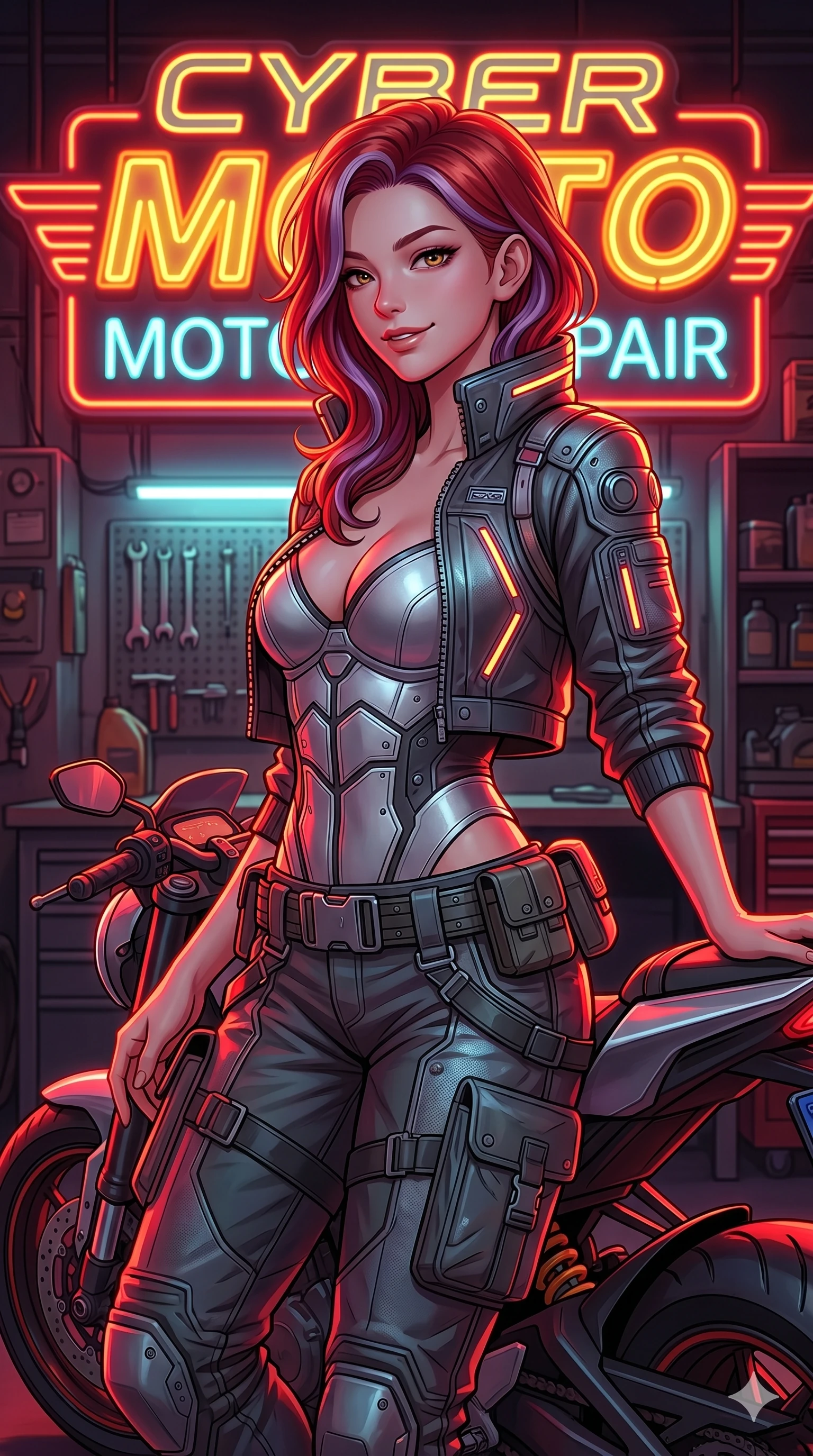 score_9, masterpiece, best quality, ultra-detailed, high-budget anime keyframe, Caucasian woman, strictly human ears. Upper body close-up from the thighs up, character filling the screen for maximum presence. Standing next to a retro neon motorcycle sign in a garage, leaning against her motorcycle, looking back with a confident smile. She is wearing a cropped cyber-jacket over a silver bodice and cargo pants with belt. The scene is lit by the red and yellow glow of the neon motorcycle sign. 2k, ultra detail, master piece, 9:16 ratio