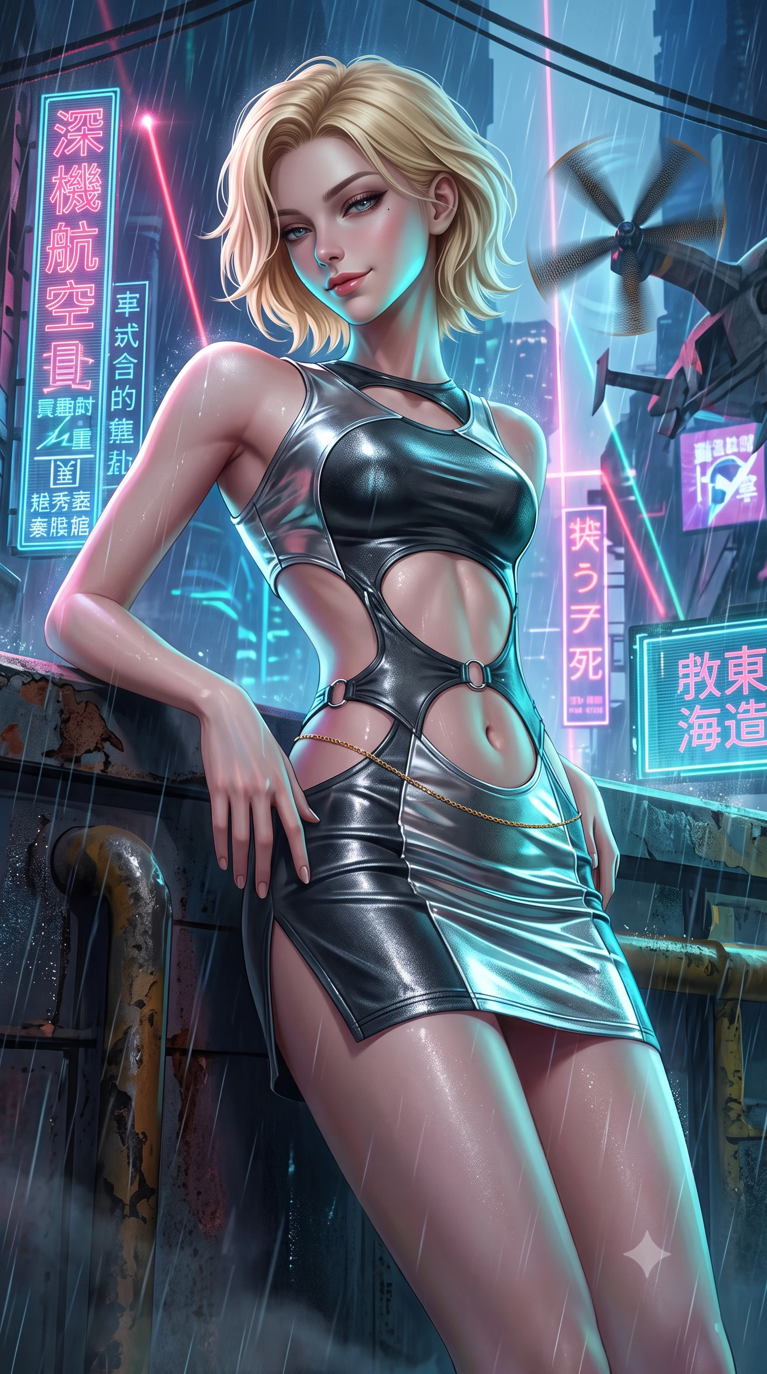 score_9, masterpiece, best quality, ultra-detailed, high-budget anime keyframe, semi-realistic 3D game render, editorial fashion photography, tasteful artistic composition, Caucasian woman. close-up cowboy shot from the waist and thighs up, the character dominates the composition, filling the frame with her large presence. tilting her head with a teasing half-smile, running one hand slowly down the side of her hip in a flirtatious S-curve as ambient light caresses her silhouette while leaning against the weathered industrial parapet with hips cocked back, gazing down into the dizzying mile-deep neon canyon through laser rain with smoldering bedroom-eyes. The surrounding environment is rendered in vivid detail and crisp panoramic clarity: sharp wet carbon floor reflections, intricate holographic Japanese and Chinese calligraphy, and razor-sharp VTOL turbine blade textures in deep focus. She has an exceptionally elegant, slender, and willowy female figure with an ultra-slim waist, flat toned midriff, narrow ribcage, and sculpted feminine hips creating an alluring, slim hourglass silhouette without bulk. sharp v-shaped jawline, high-bridge nose, intricate jewel-like sparkling eyes with depth, thick eyelashes, glossy parted lips with a natural peach sheen, bright cheerful beaming smile with an enchanting and coquettish sensual glint, exuding both youthful cute charm and seductive allure, flawlessly proportioned anatomical accuracy, strict slender model proportions, natural body alignment, perfectly sculpted long slender limbs, ultra-slim waistline, clean dynamic posture without body distortion. wearing a provocative open-waist combat cutout mini dress framed by polished chrome ring hardware and thigh-high slit in liquid mercury chrome and stealth charcoal, woven from stretch metallic lurex jersey casting radiant starlight glints across her curves, accented with a dainty gold belly chain resting across her flat midriff and curving hips, the second-skin tailored fabric adhering flawlessly to her sculpted flat midriff and slender torso, emphasizing her long leg lines and perfectly proportioned willowy build. illuminated by wet pavement reflection bounce and sharp laser-cyan rim lights defining her jawline, narrow waist, and curvy hips. highly saturated vibrant anime colors, detailed shading with soft gradients, rich glossy textures, high-contrast stereoscopic depth, volumetric dynamic lighting, master piece, 9:16 ratio